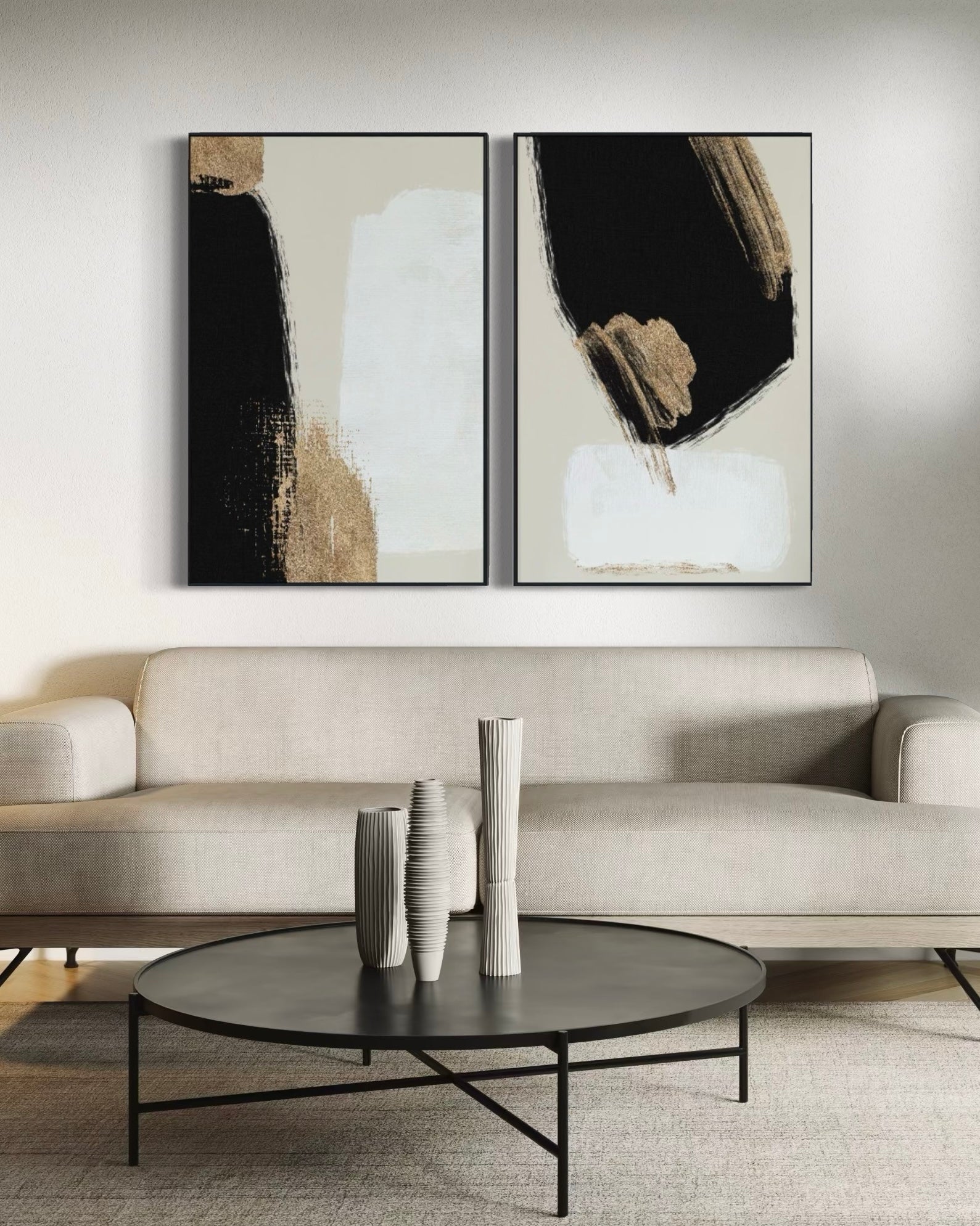 Set Cuadros Decorativos Abstracto Negro Arena 2 - 214 - Diptico Moderno y Elegante Arte Estilo Nordico en Tonos Neutros con Dorado Oro