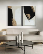 Cargar imagen en el visor de la galería, Set Cuadros Decorativos Abstracto Negro Arena 2 - 214 - Diptico Moderno y Elegante Arte Estilo Nordico en Tonos Neutros con Dorado Oro

