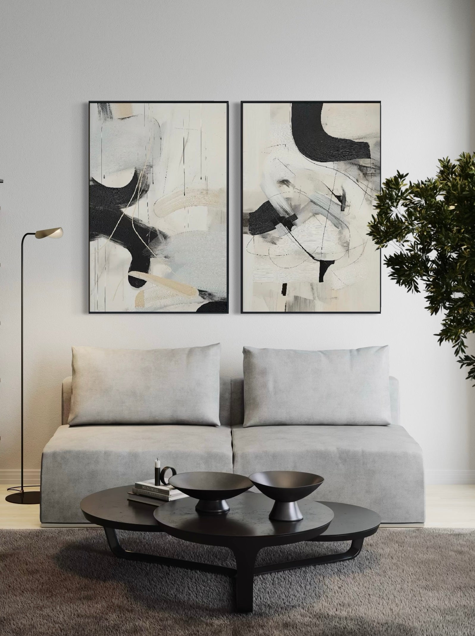 Set Cuadros Decorativos Abstracto Negro Arena 2 - 221 - Diptico Moderno Arte Minimalista Estilo Nordico Tonos Neutros