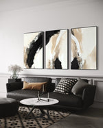 Cargar imagen en el visor de la galería, Set Cuadros Decorativos Abstracto Negro Arena 2-212 -Triptico Moderno y Elegante en Tonos Negro y Beige Arte Minimalista Estilo Nordico
