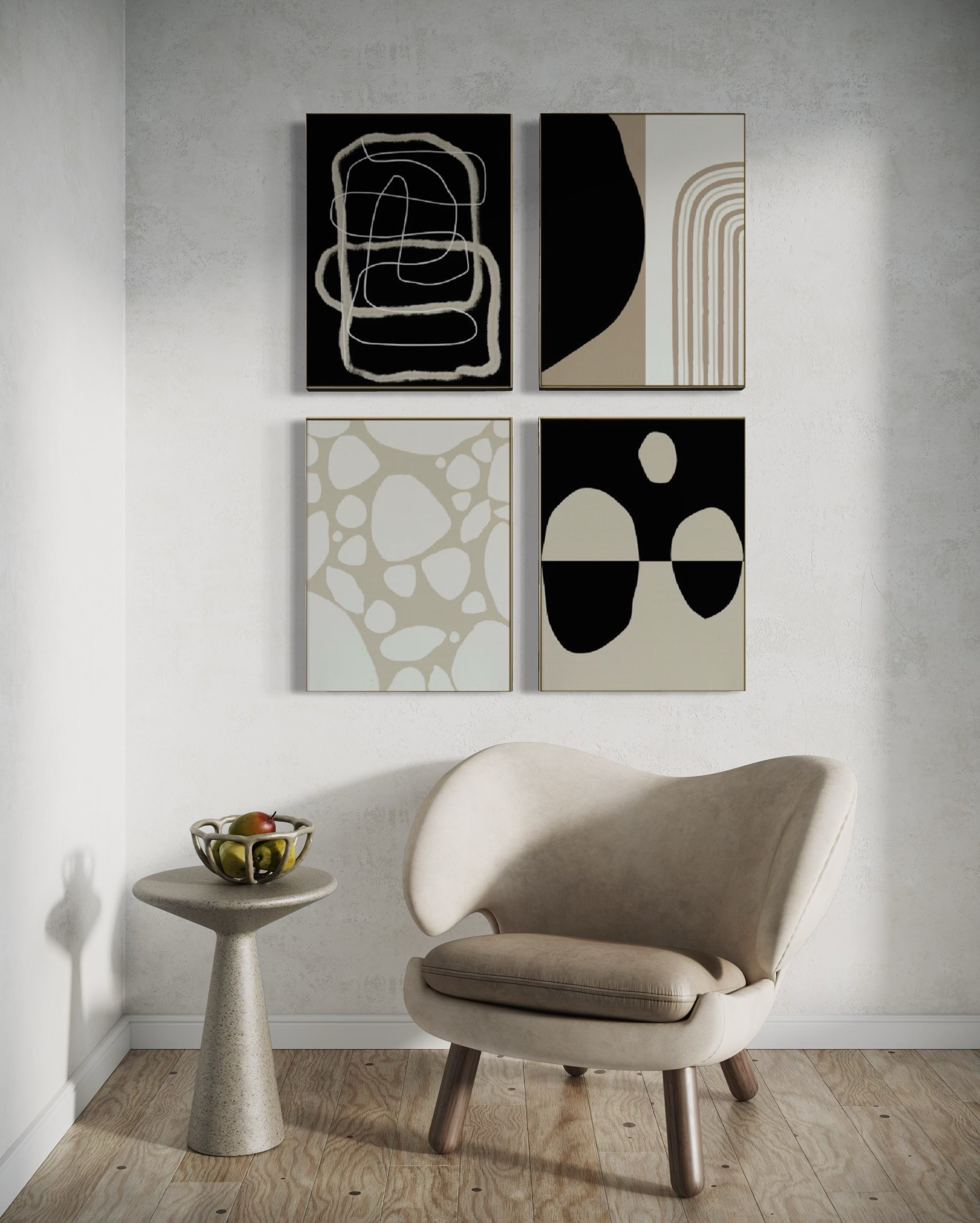 Set Cuadros Decorativos Abstracto Negro Arena 2 - 230 C - 4piezas Arte Moderno y Minimalista Estilo Boho Nordico Tonos Neutros