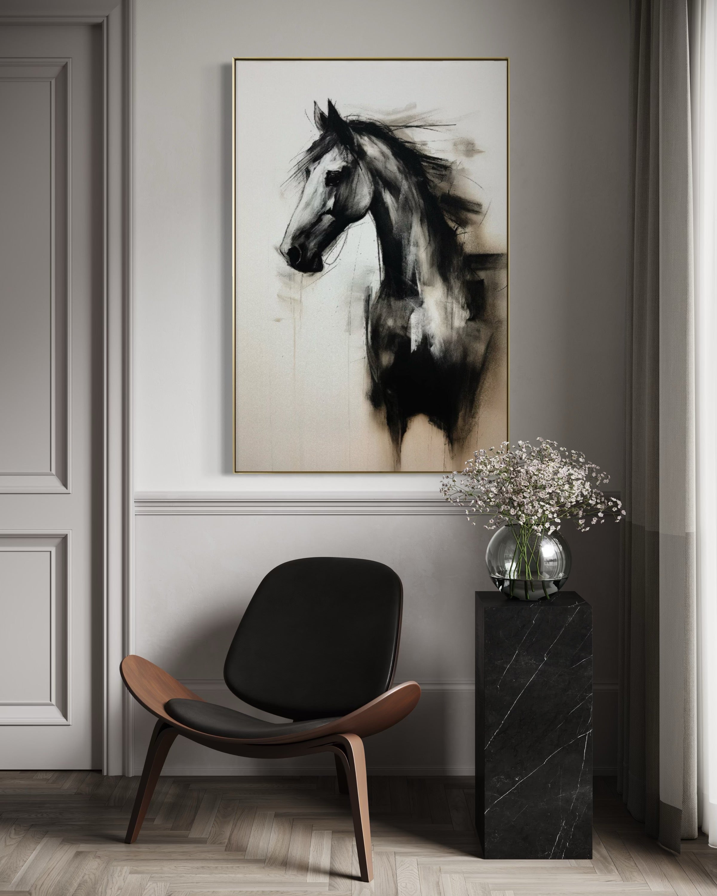 Cuadro Decorativo Abstracto Negro Arena 2- 258 -Boceto de Caballo Negro Arte Moderno en Tonos Neutros