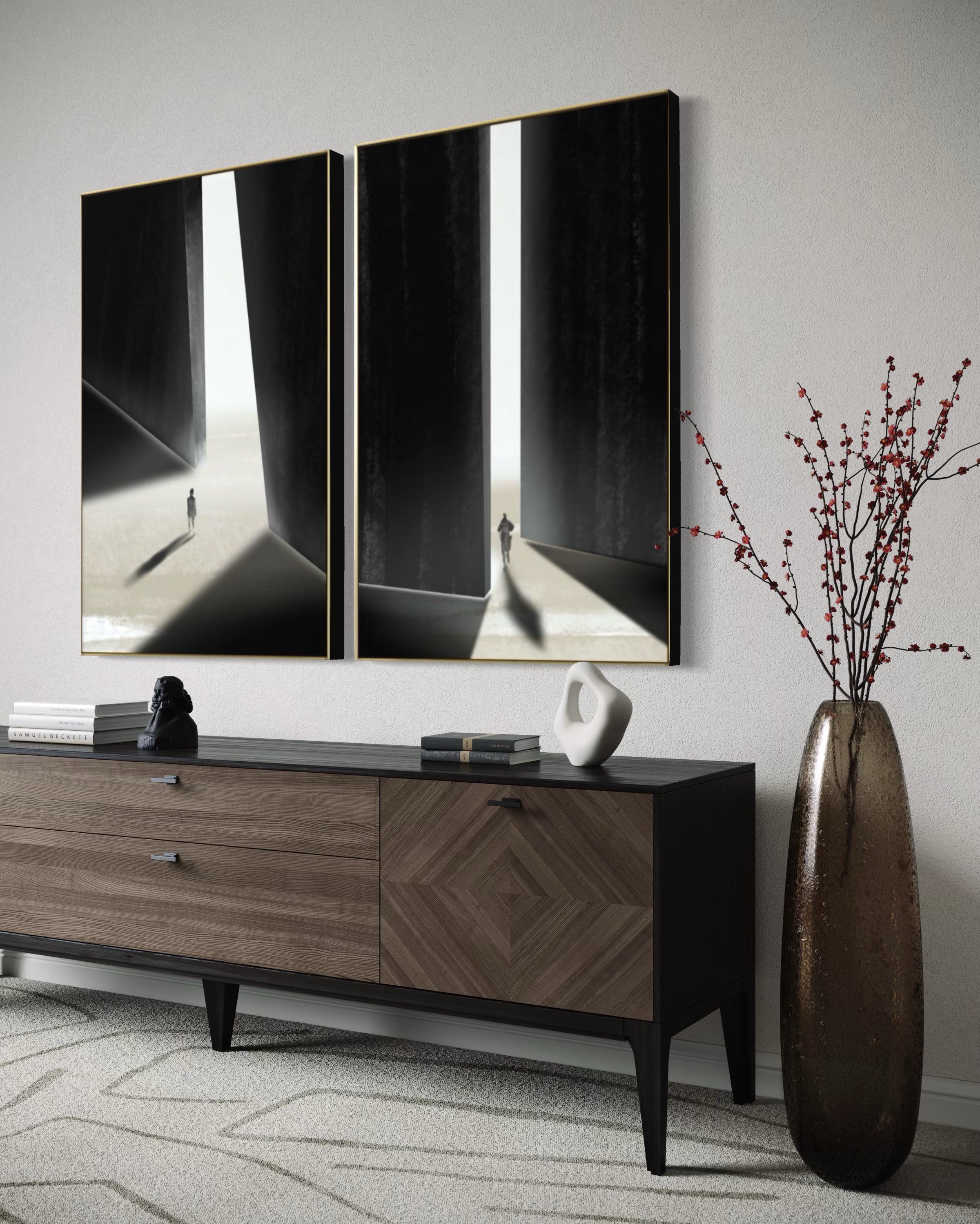 Set Cuadros Decorativos Abstracto Negro Arena 2 - 237 - Diptico Siluetas Humanas Arte Moderno Minimalista Puertas Estilo Nordico Tonos Neutros