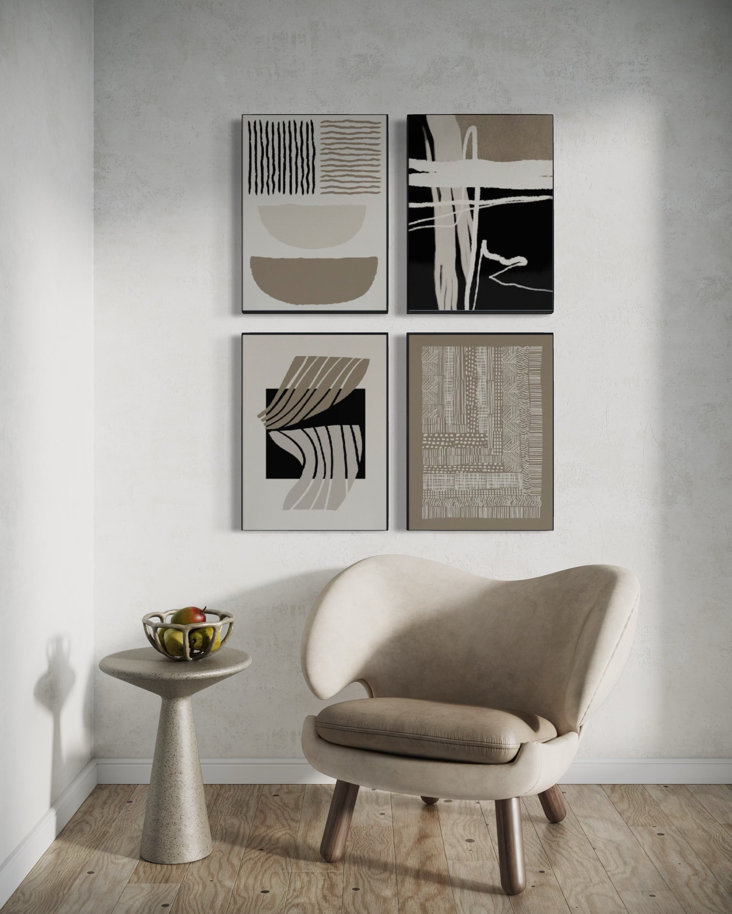 Set Cuadros Decorativos Abstracto Negro Arena 2 - 218 C - 4piezas Arte Moderno y Minimalista Estilo Boho Nordico Tonos Neutros