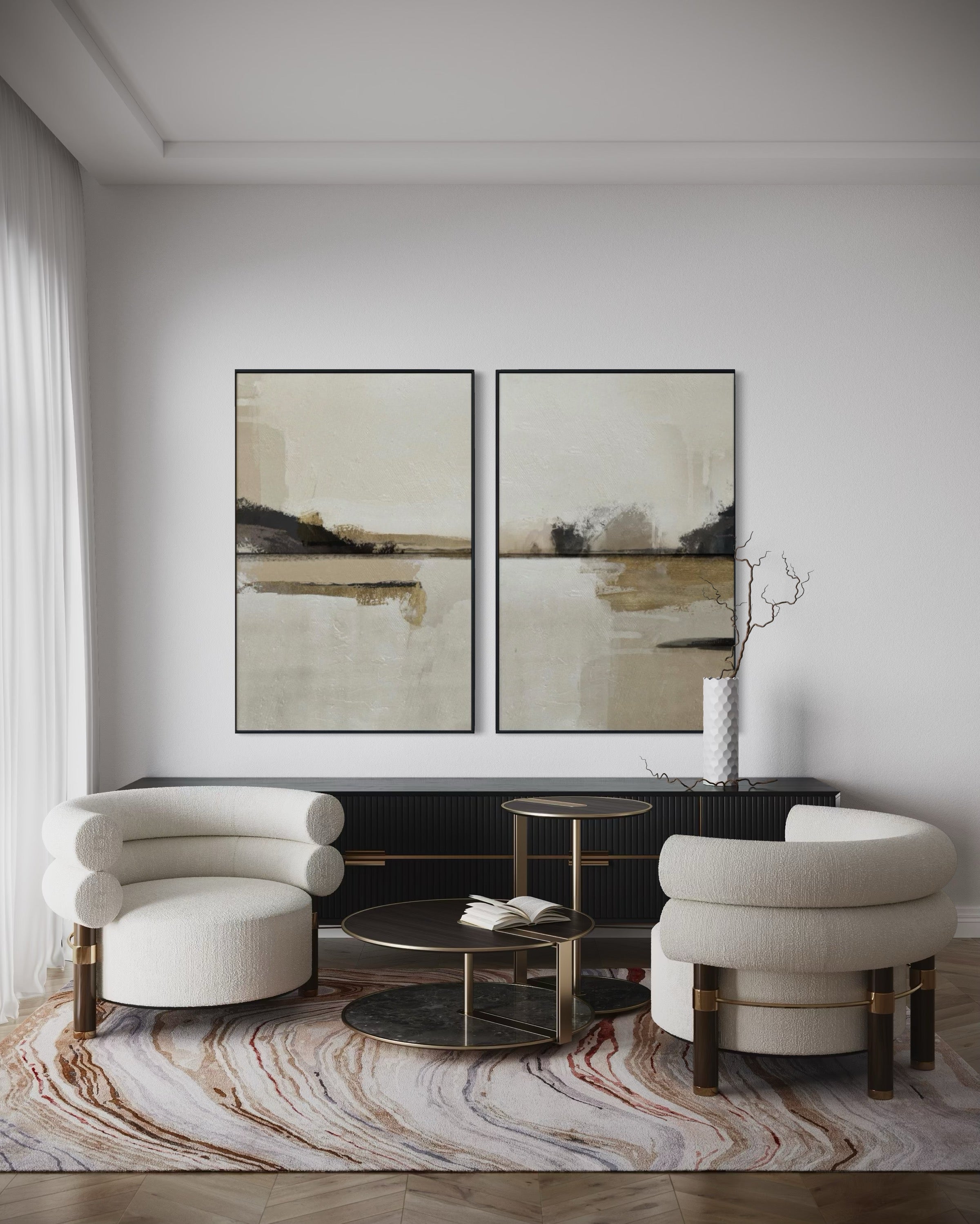 Set Cuadros Decorativos Abstracto Negro Arena 2 - 216 - Diptico Minimalista Arte Moderno y Elegante Tonos Beige y Negro