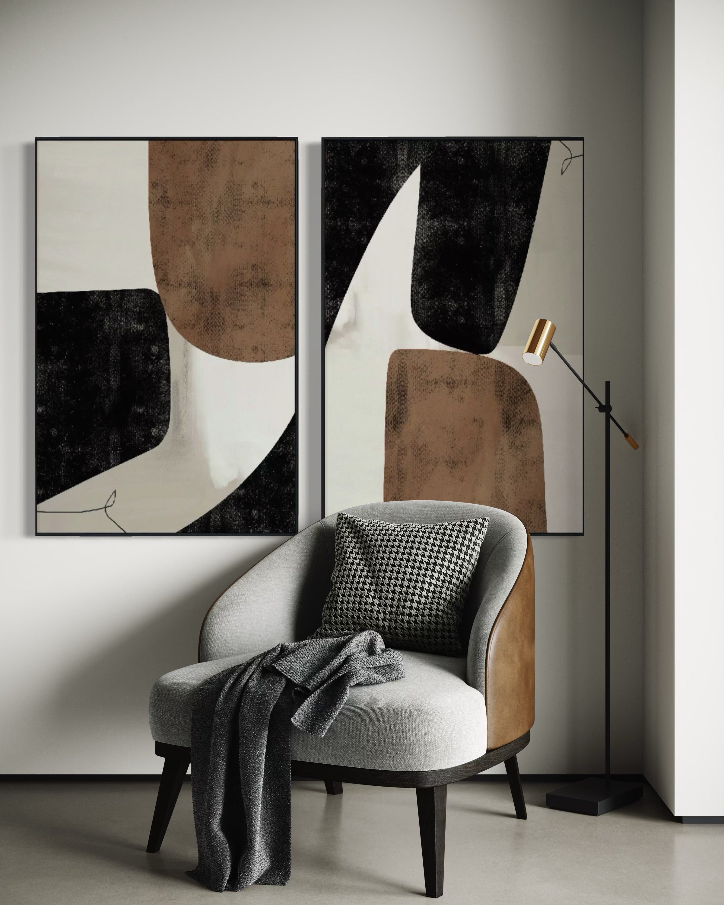 Set Cuadros Decorativos Abstracto Negro Arena 2 - 208 - Diptico Moderno y Elegante Estilo Nordico Boho en Tonos Neutros