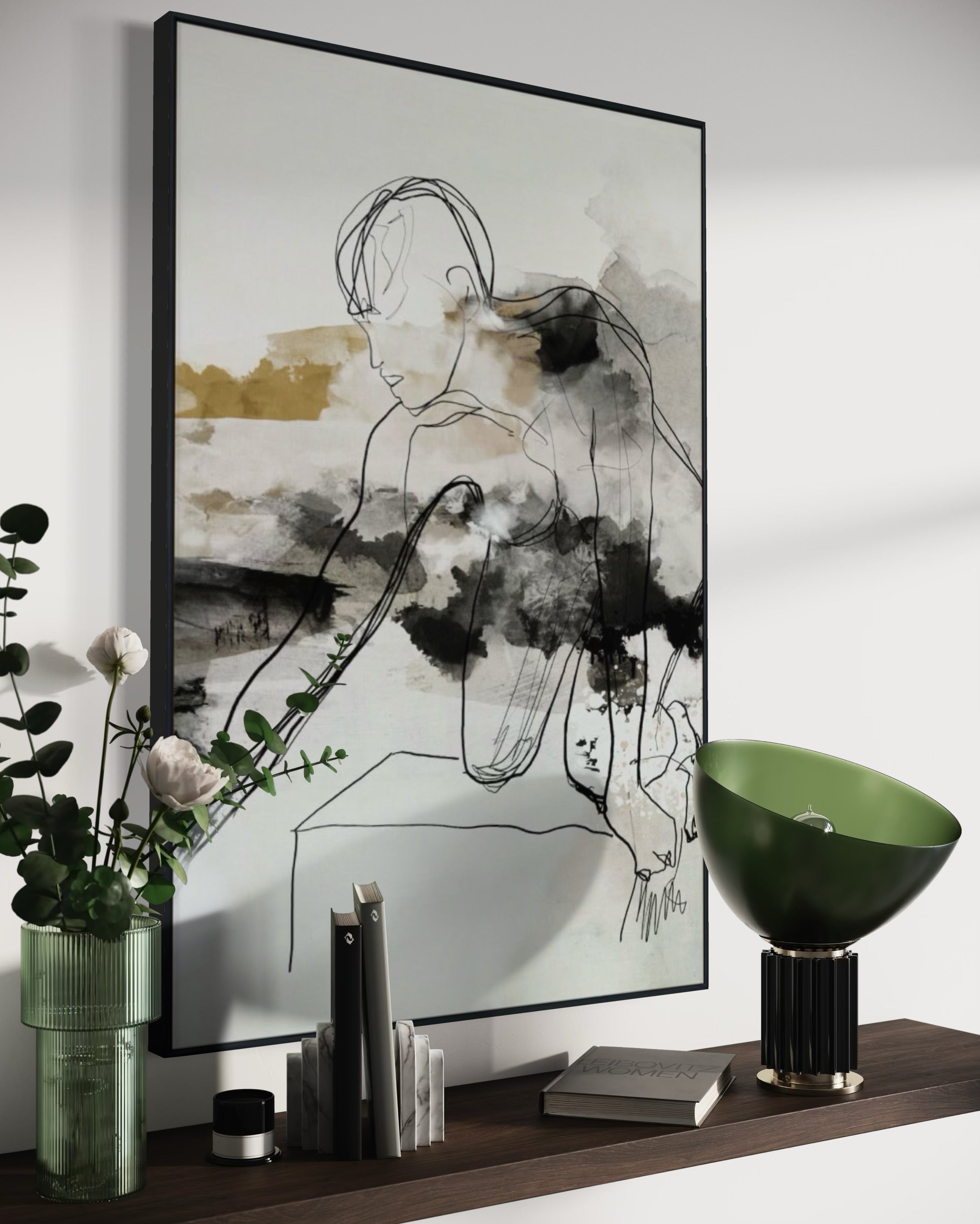 Cuadro Decorativo Abstracto Negro Arena 2-235 Silueta Humana Arte Lineal Moderno y Minimalista Tonos Neutros