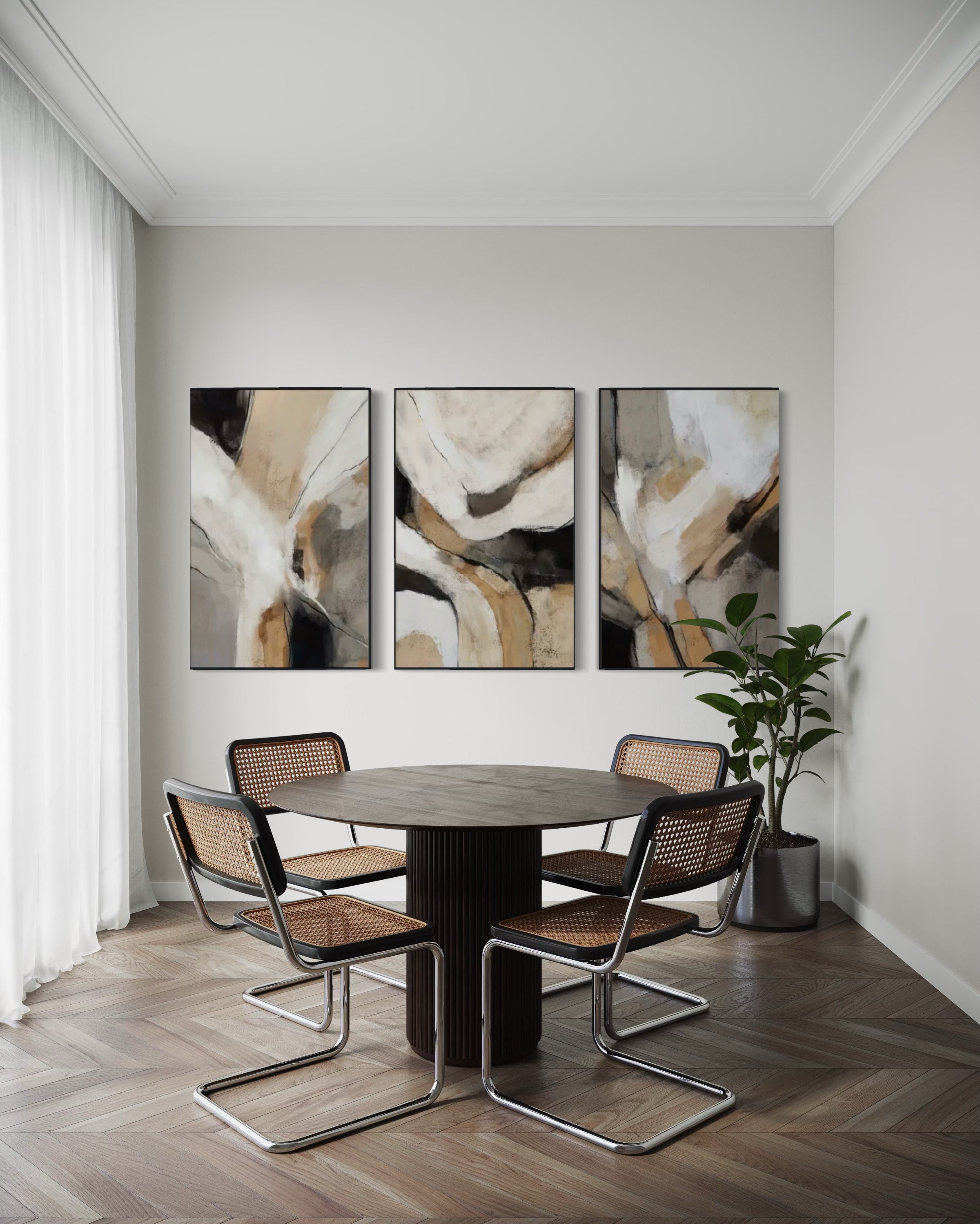 Set Cuadros Decorativos Abstracto Negro Arena 2 - 206 - Triptico Minimalista Arte Moderno y Elegante Estilo Nordico en Tonos Neutros