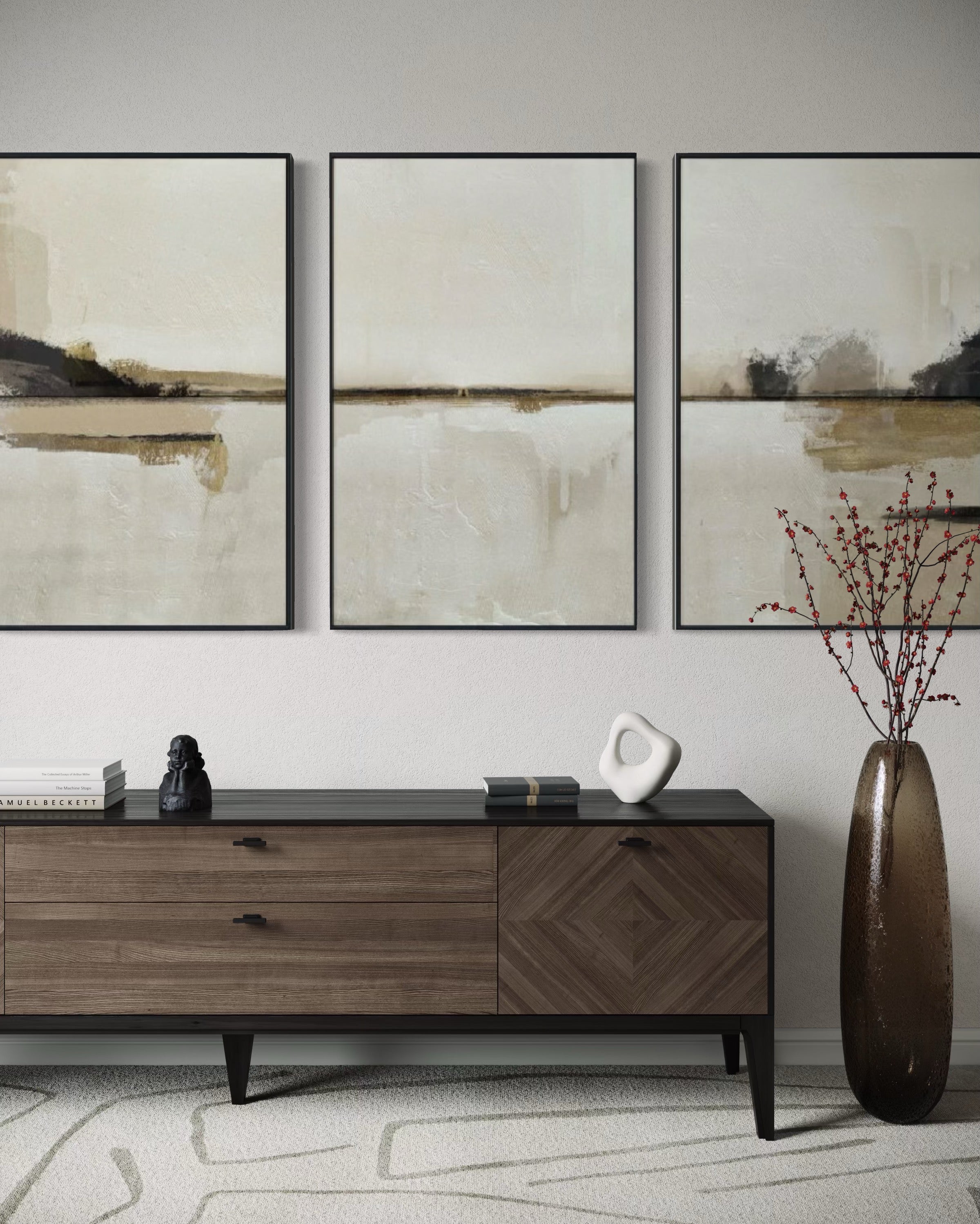 Set Cuadros Decorativos Abstracto Negro Arena 2 - 216 - Triptico Moderno y Elegante Arte Minimalista Estilo Nordico Tonos Neutros