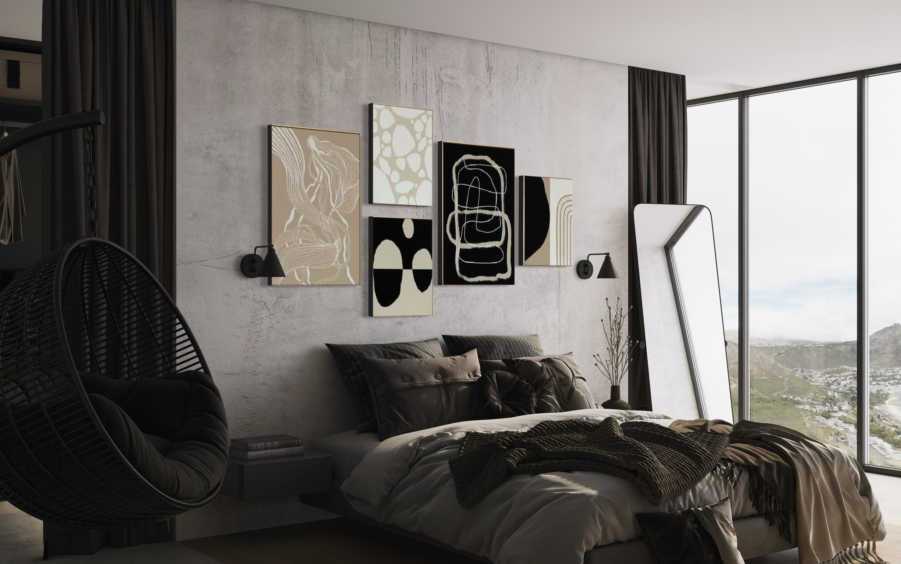 Set Cuadros Decorativos Abstracto Negro Arena 2 - 230A- 5piezas Arte Moderno Estilo Nordico Tonos Neutros