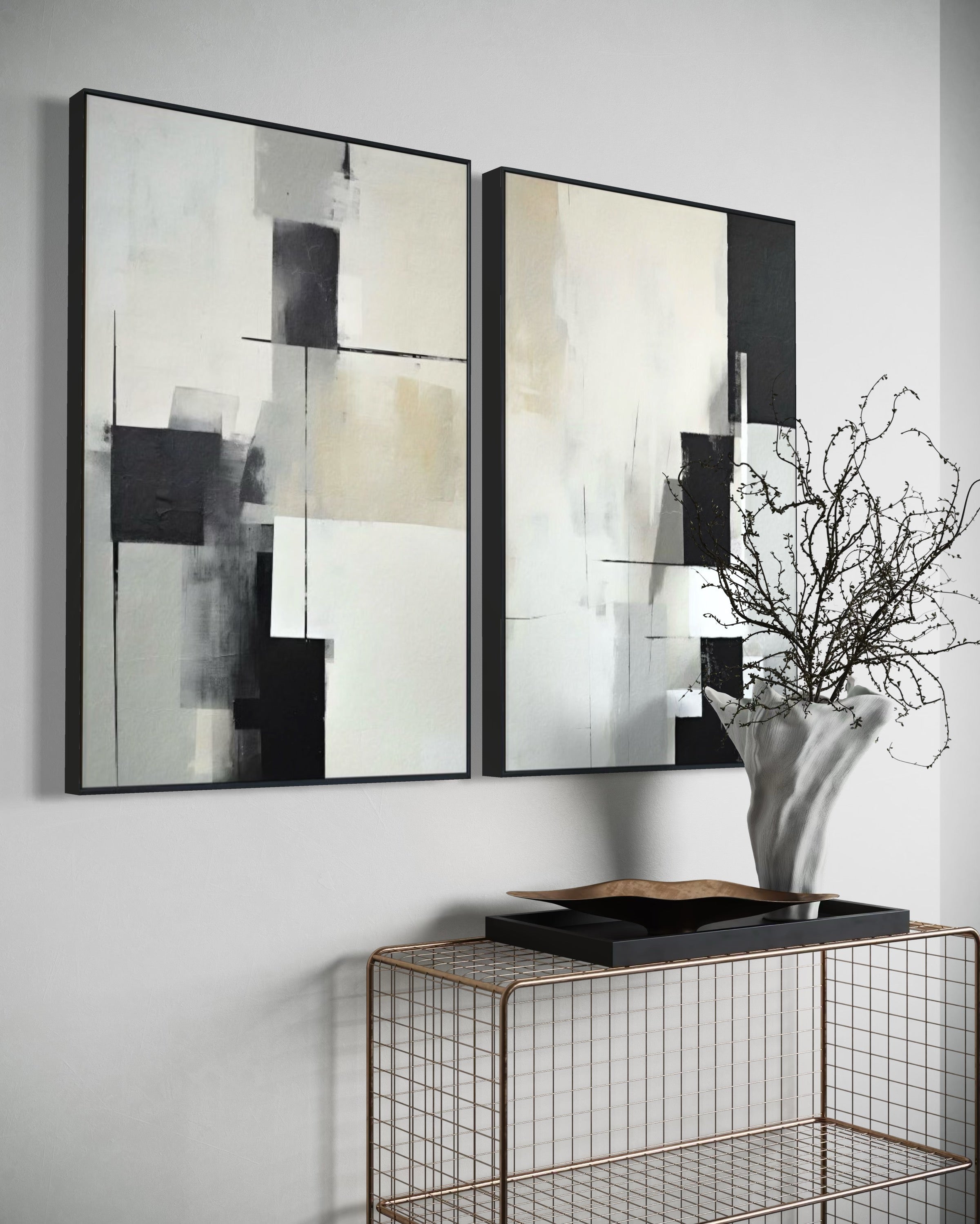 Set Cuadros Decorativos Abstracto Negro Arena 2 - 227 - Diptico Moderno y Minimalista Arte Estilo Nordico en Negro, Beige y Gris Tonos Neutros