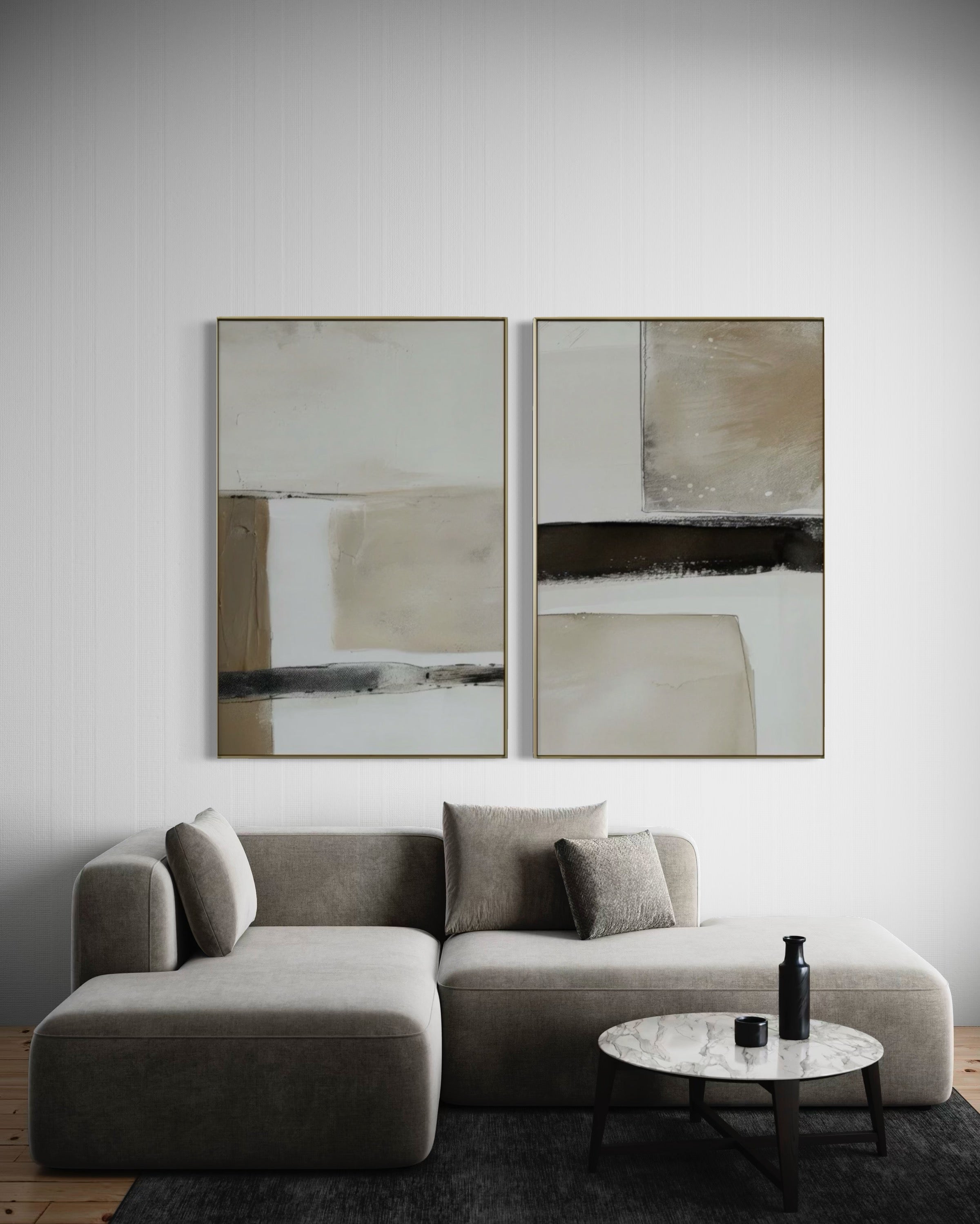 Set Cuadros Decorativos Abstracto Negro Arena 2 - 239 - Diptico Moderno y Minimalista en Negro, Beige y Cafe Tonos Neutros