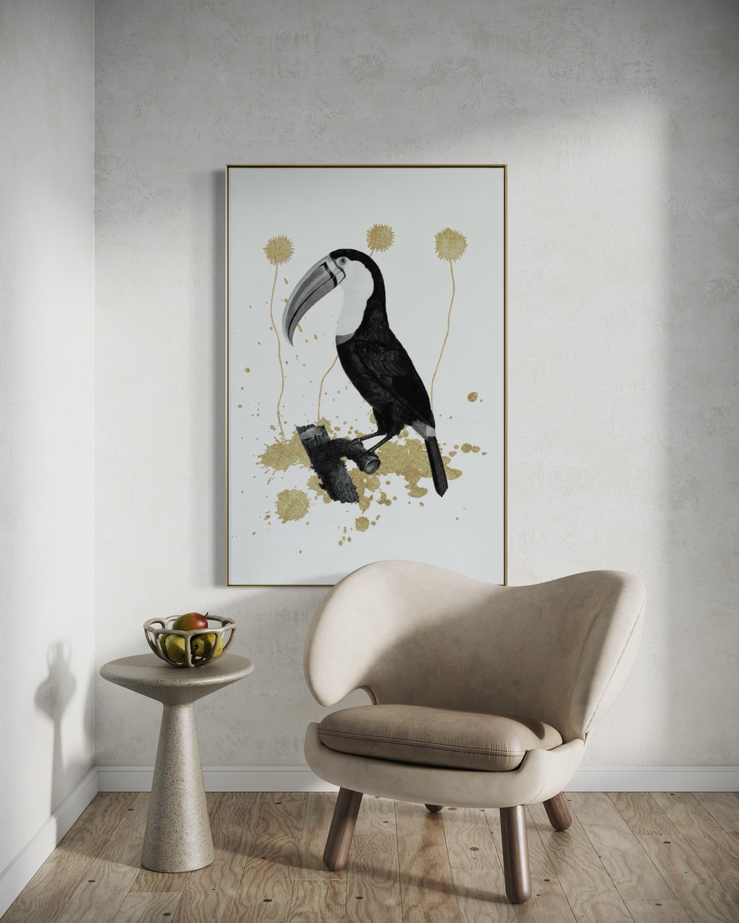 Cuadro Decorativo Abstracto Negro Arena 2-268 - Boceto de Tucan, Aves en Blanco, Negro y Dorado Oro Arte Moderno Estilo Boho