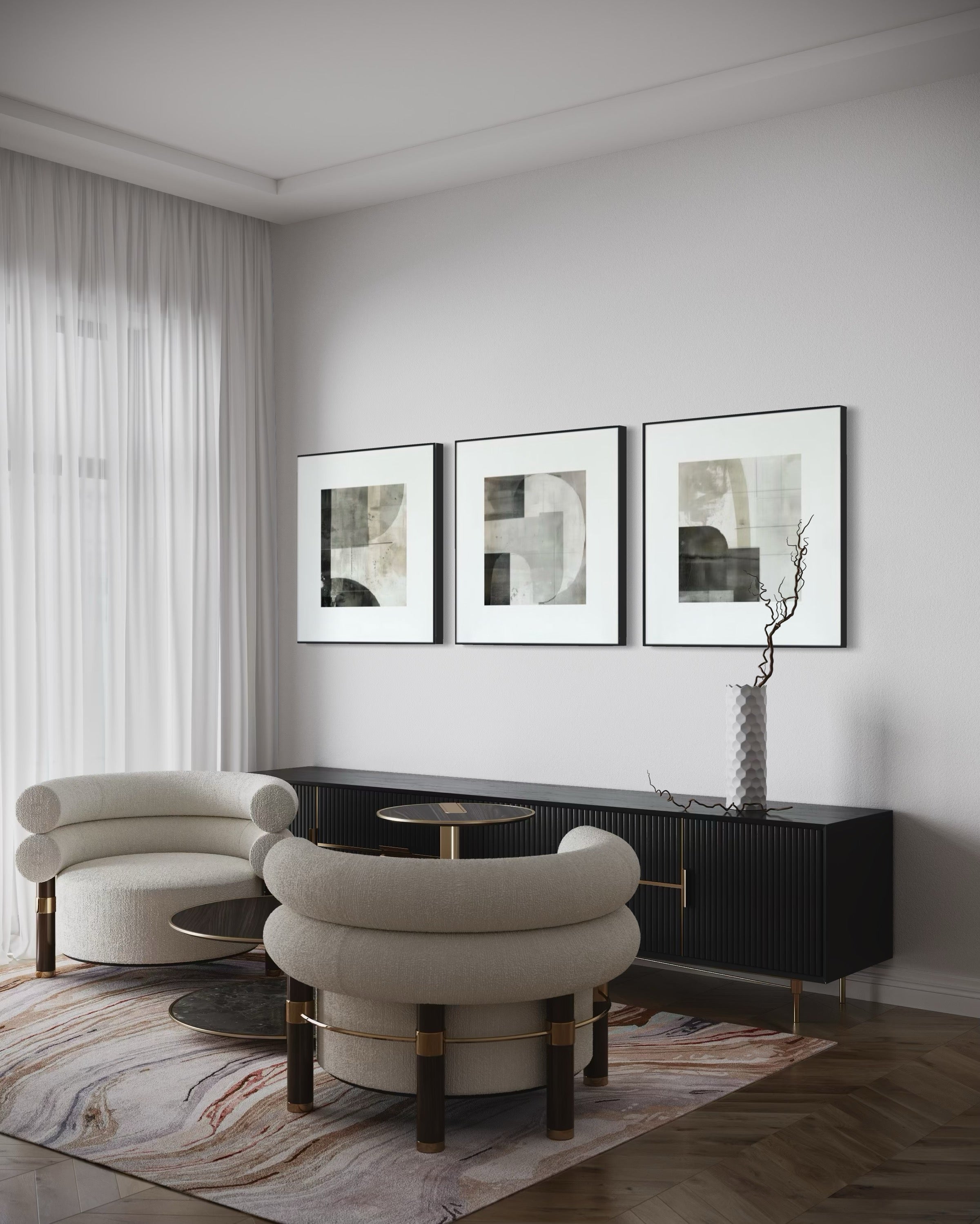 Set Cuadros Decorativos Abstracto Negro Arena  2 - 232 - Triptico Moderno y Elegante Arte Minimalista Estilo Nordico