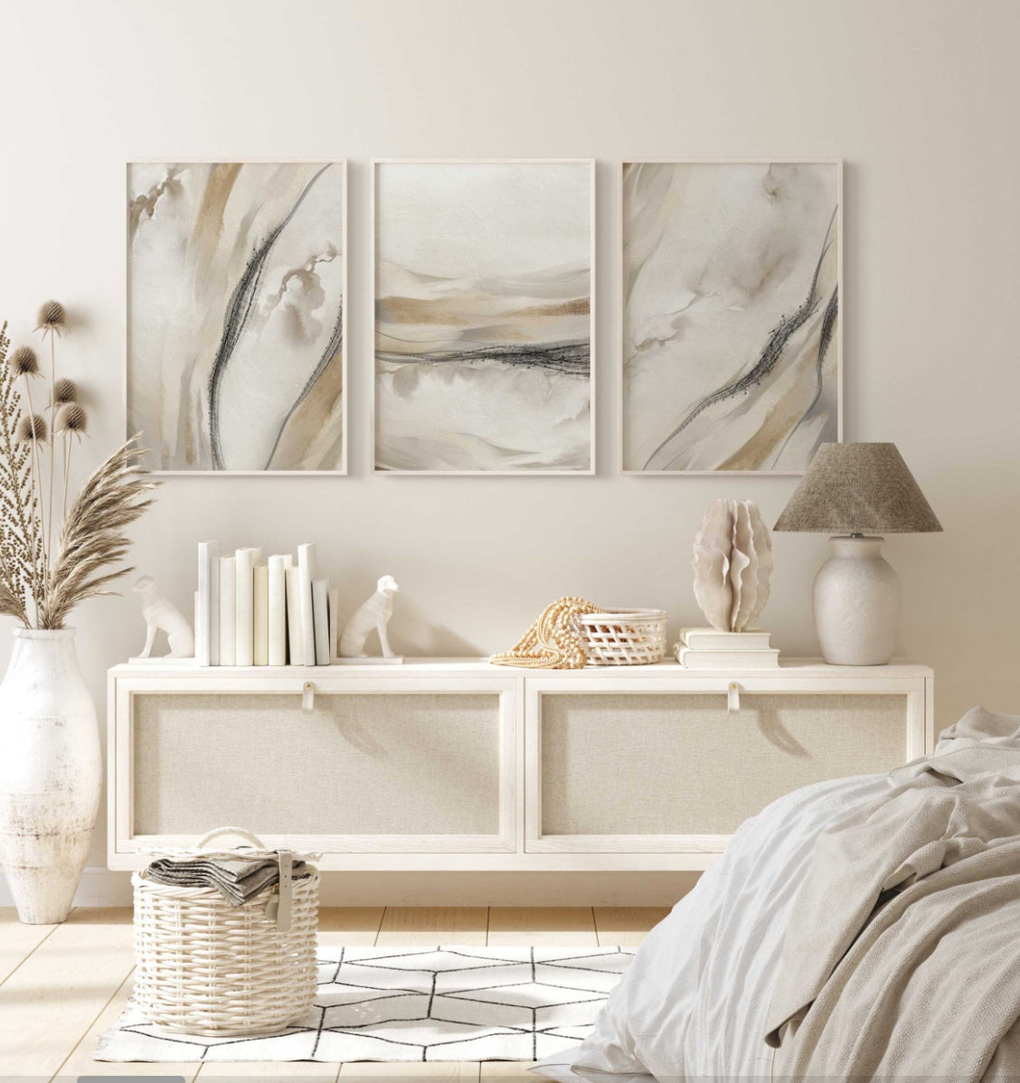 Set Cuadros Decorativos Abstracto Negro Arena 2 - 263 - Triptico Moderno y Elegante Arte Minimalista Estilo Nordico en Tonos Neutros