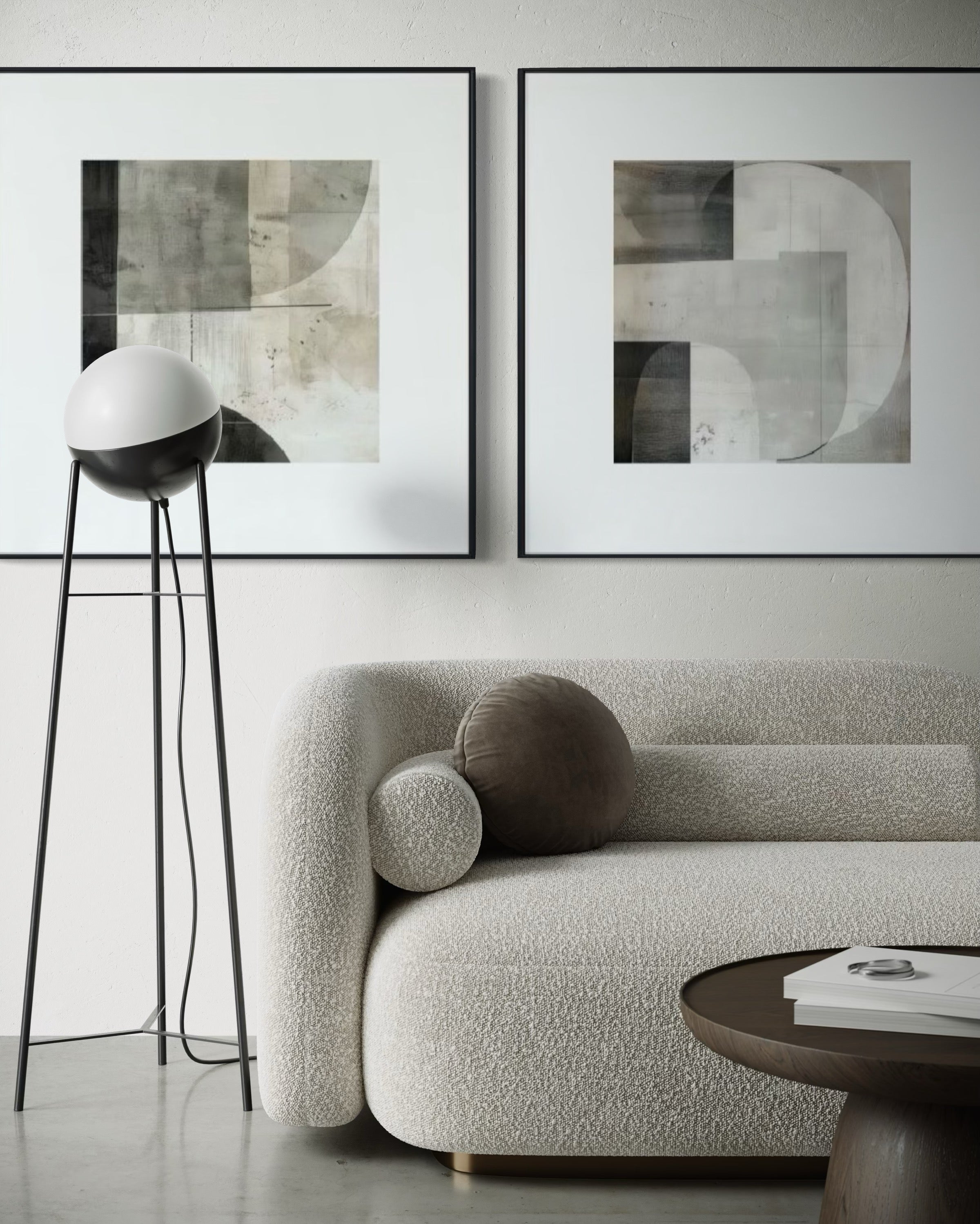 Set Cuadros Decorativos Abstracto Negro Arena 2 - 232 - Diptico Moderno Arte Minimalista Estilo Nordico Tonos Neutros