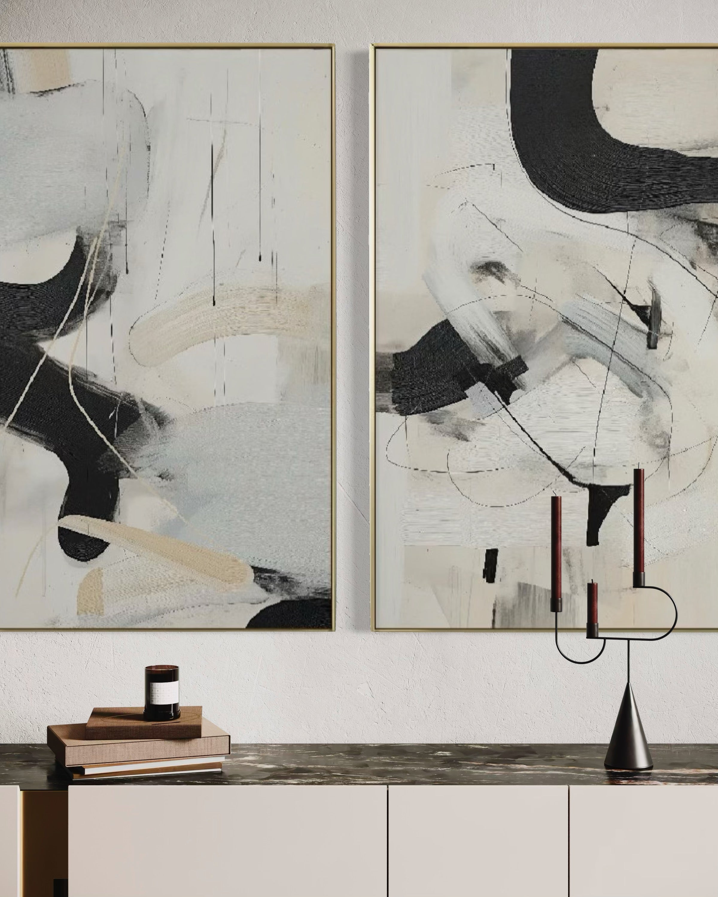 Set Cuadros Decorativos Abstracto Negro Arena 2 - 221 - Diptico Moderno Arte Minimalista Estilo Nordico Tonos Neutros