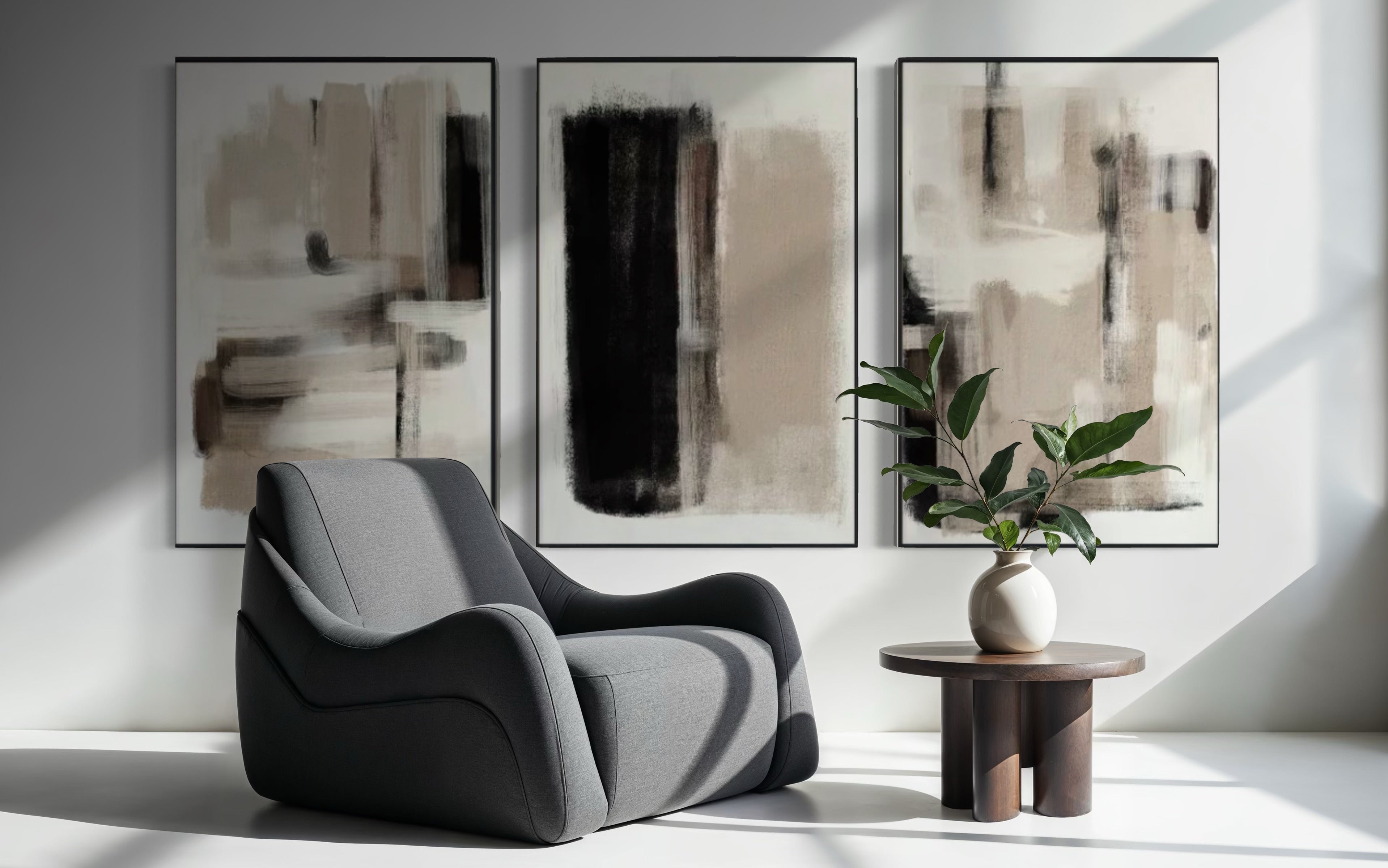 Set Cuadros Decorativos Abstracto Negro Arena 2 - 204 - Triptico Moderno Arte Minimalista estilo Nordico Boho en Tonos Neutros