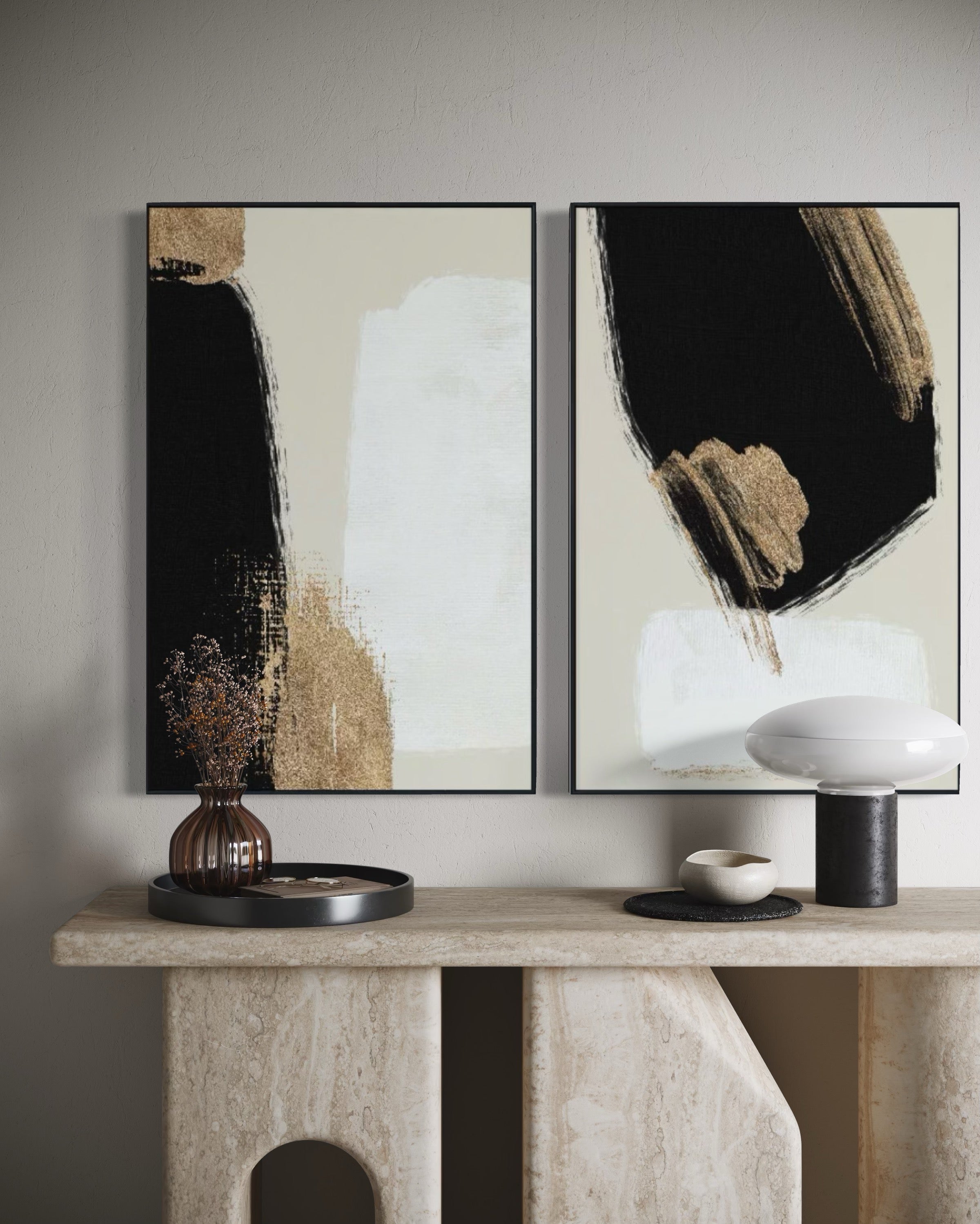 Set Cuadros Decorativos Abstracto Negro Arena 2 - 214 - Diptico Moderno y Elegante Arte Estilo Nordico en Tonos Neutros con Dorado Oro