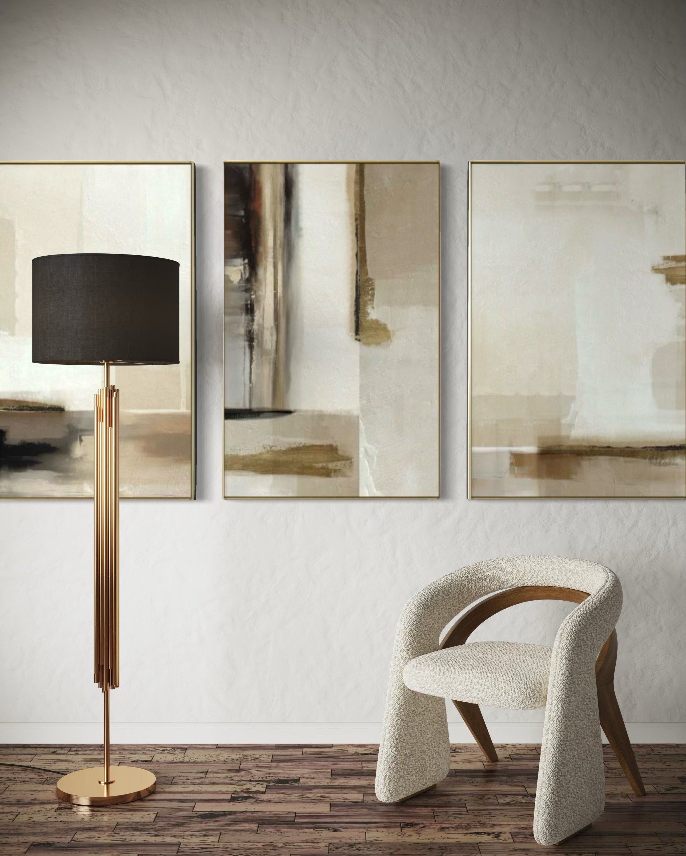 Set Cuadros Decorativos Abstracto Negro Arena 2 - 209 - Triptico Moderno y Elegante Arte Minimalista en Tonos Neutros