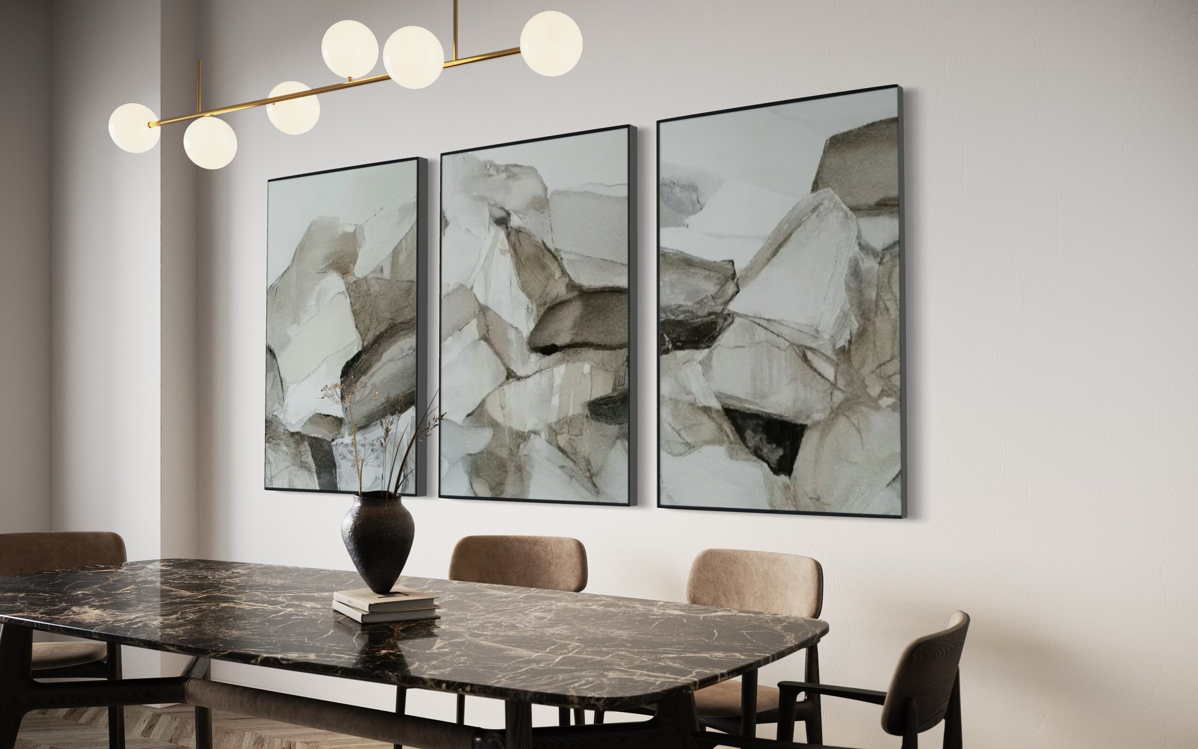 Set Cuadros Decorativos Abstracto Negro Arena 2 - 202 - Triptico Minimalista Estilo Boho Arte Nordico en Tonos Neutros