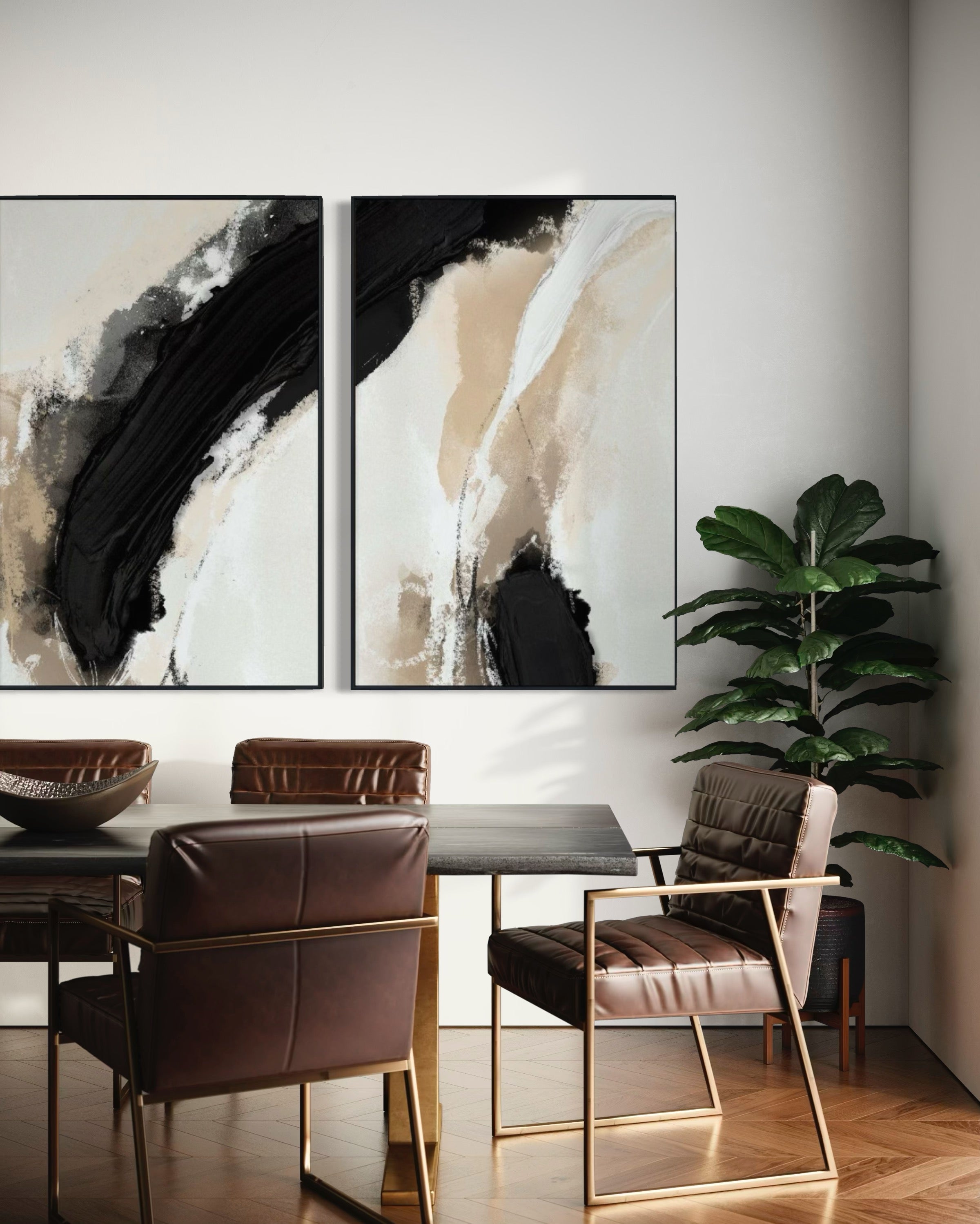 Set Cuadros Decorativos Abstracto Negro Arena 2 - 212 - Diptico Moderno y Minimalista en Tonos Negro y Beige Colores Neutros Estilo Nordico