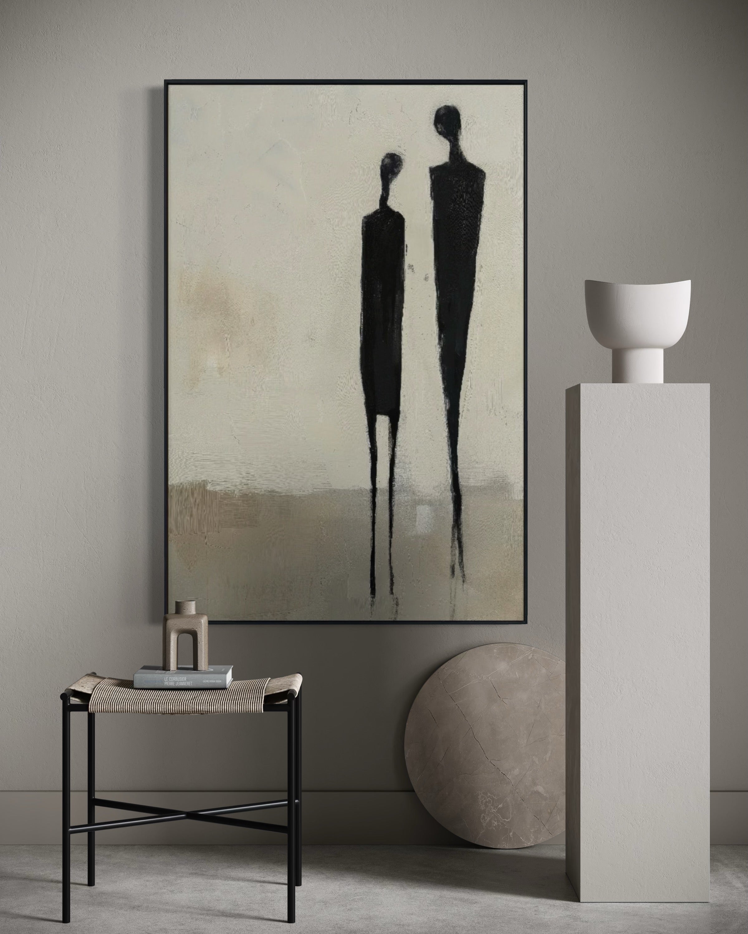 Cuadro Decorativo Abstracto Negro Arena 2- 225 Siluetas de Pareja Arte Moderno y Minimalista en Tonos Neutros