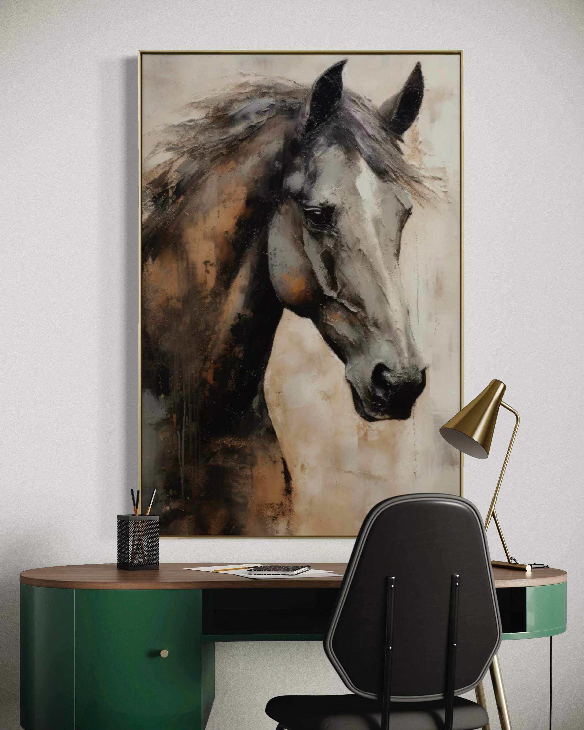 Cuadro Decorativo Abstracto Negro Arena 2 - 207 Caballo Estilo Nordico Arte Moderno en Tonos Neutros, Beige, Terracota, Negro y Gris