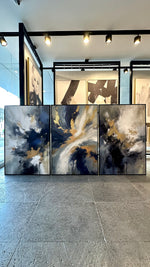 Cargar imagen en el visor de la galería, Set de 3 Cuadros Decorativos Abstract Colors 3 - 310 - Arte Moderno y Elegante en tono Azul, Gris y Dorado-Triptico
