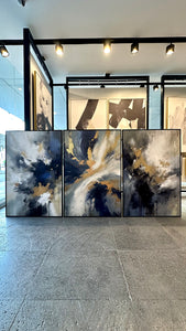 Set de 3 Cuadros Decorativos Abstract Colors 3 - 310 - Arte Moderno y Elegante en tono Azul, Gris y Dorado-Triptico