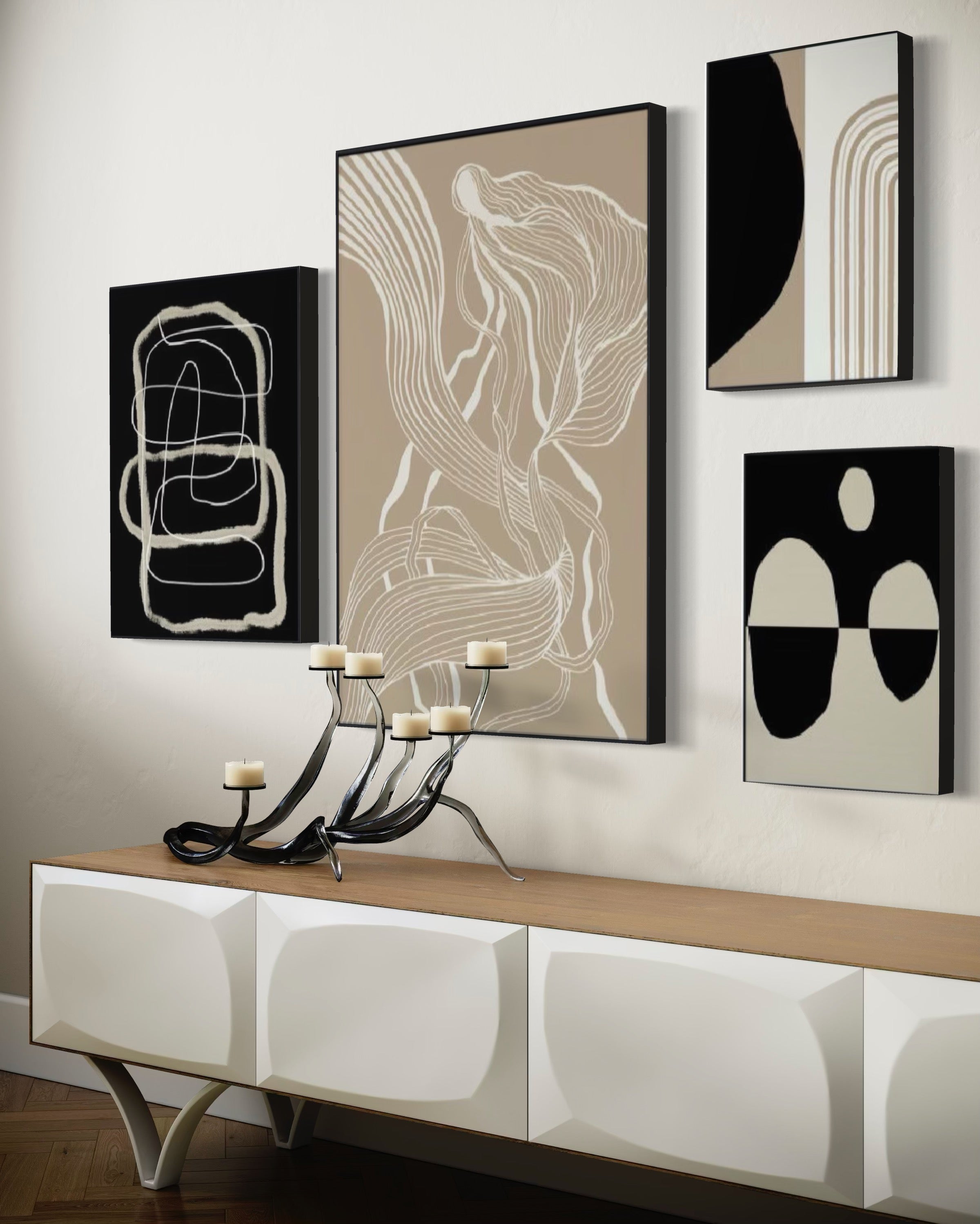 Set Cuadros Decorativos Abstracto Negro Arena 2 - 230 B - 4piezas Arte Moderno y Minimalista Estilo Nordico Tonos Neutros