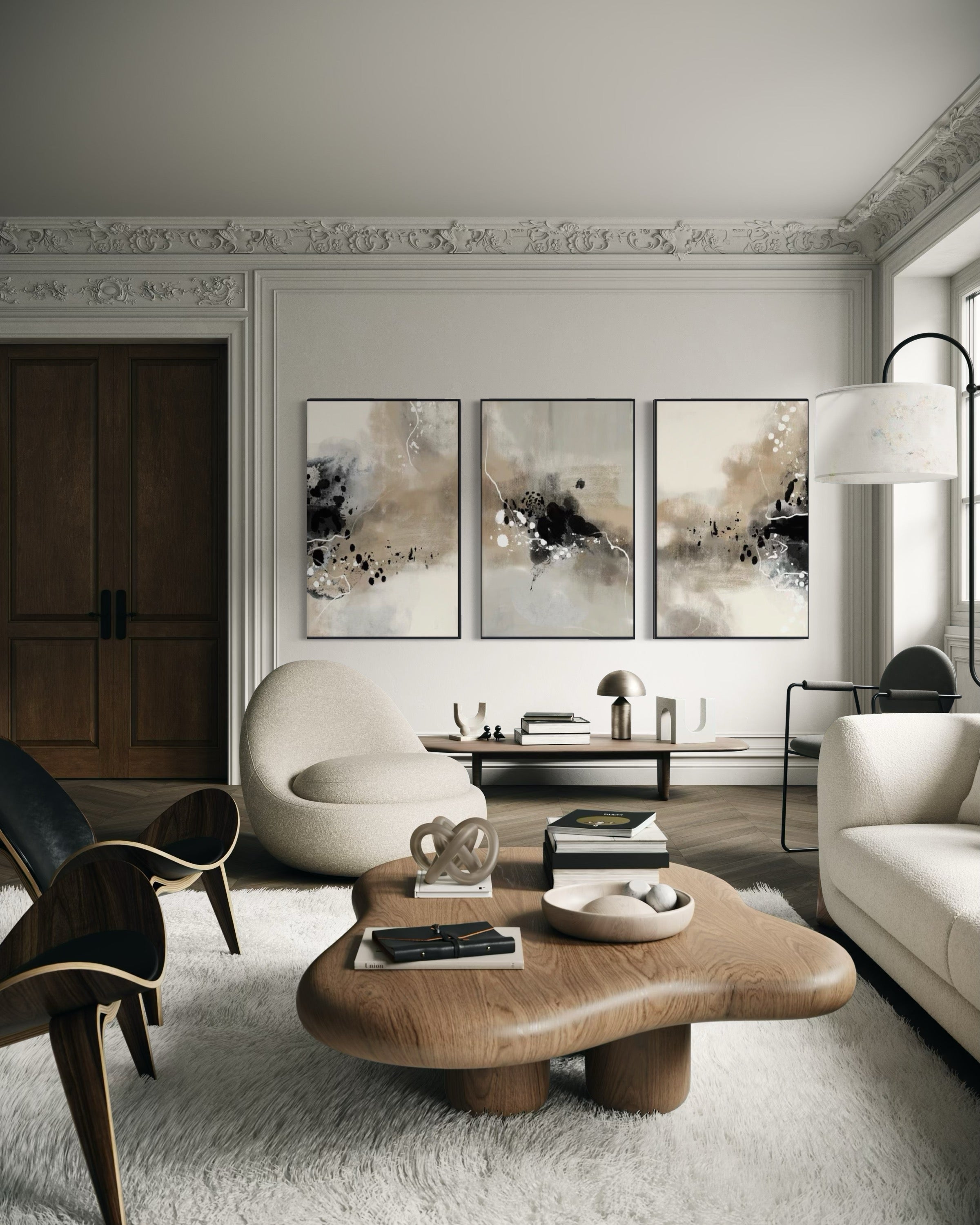 Set Cuadros Decorativos Abstracto Negro Arena 2-236- Tríptico Modernos y Elegante Estilo Boho en Tonos Neutros