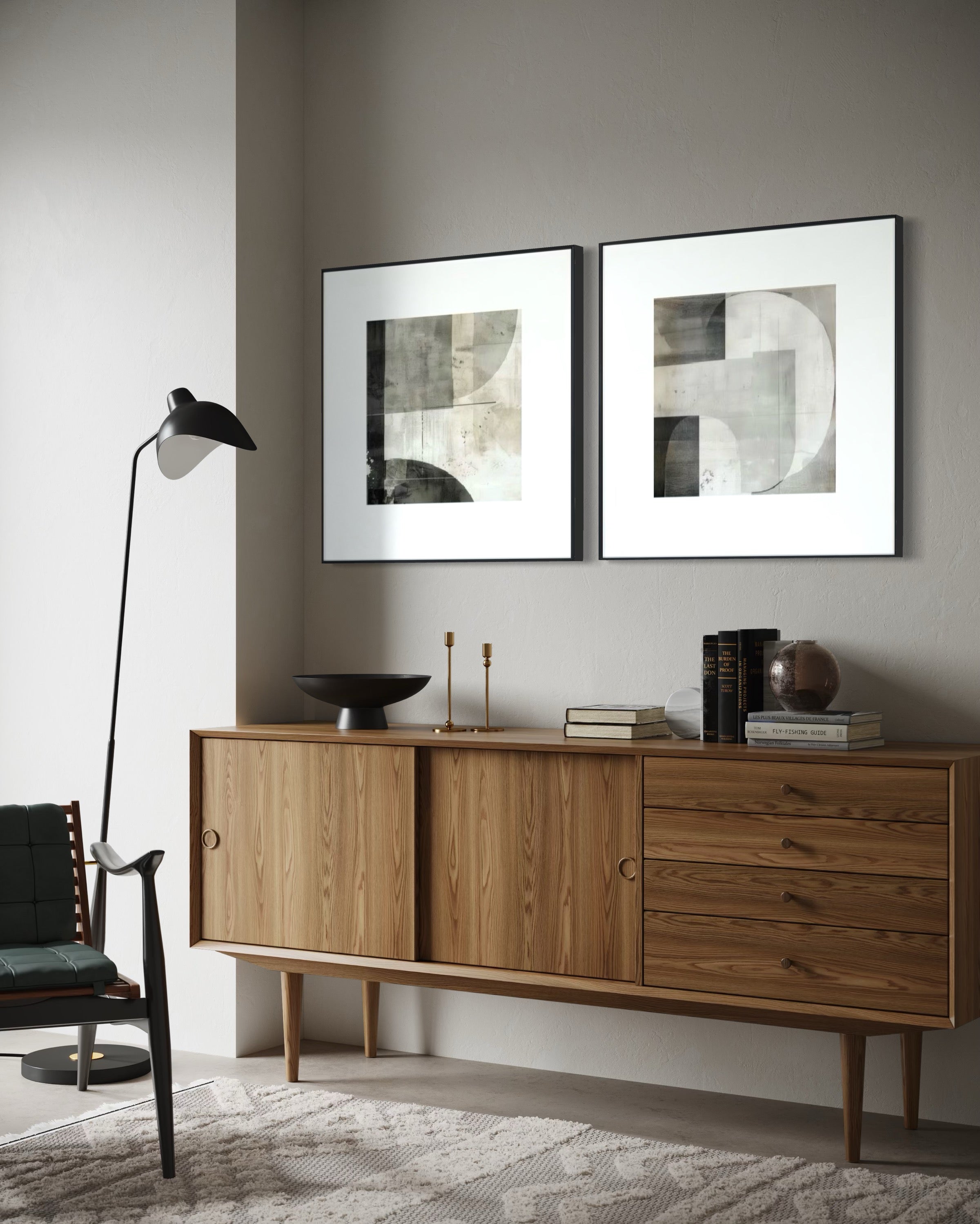 Set Cuadros Decorativos Abstracto Negro Arena 2 - 232 - Diptico Moderno Arte Minimalista Estilo Nordico Tonos Neutros