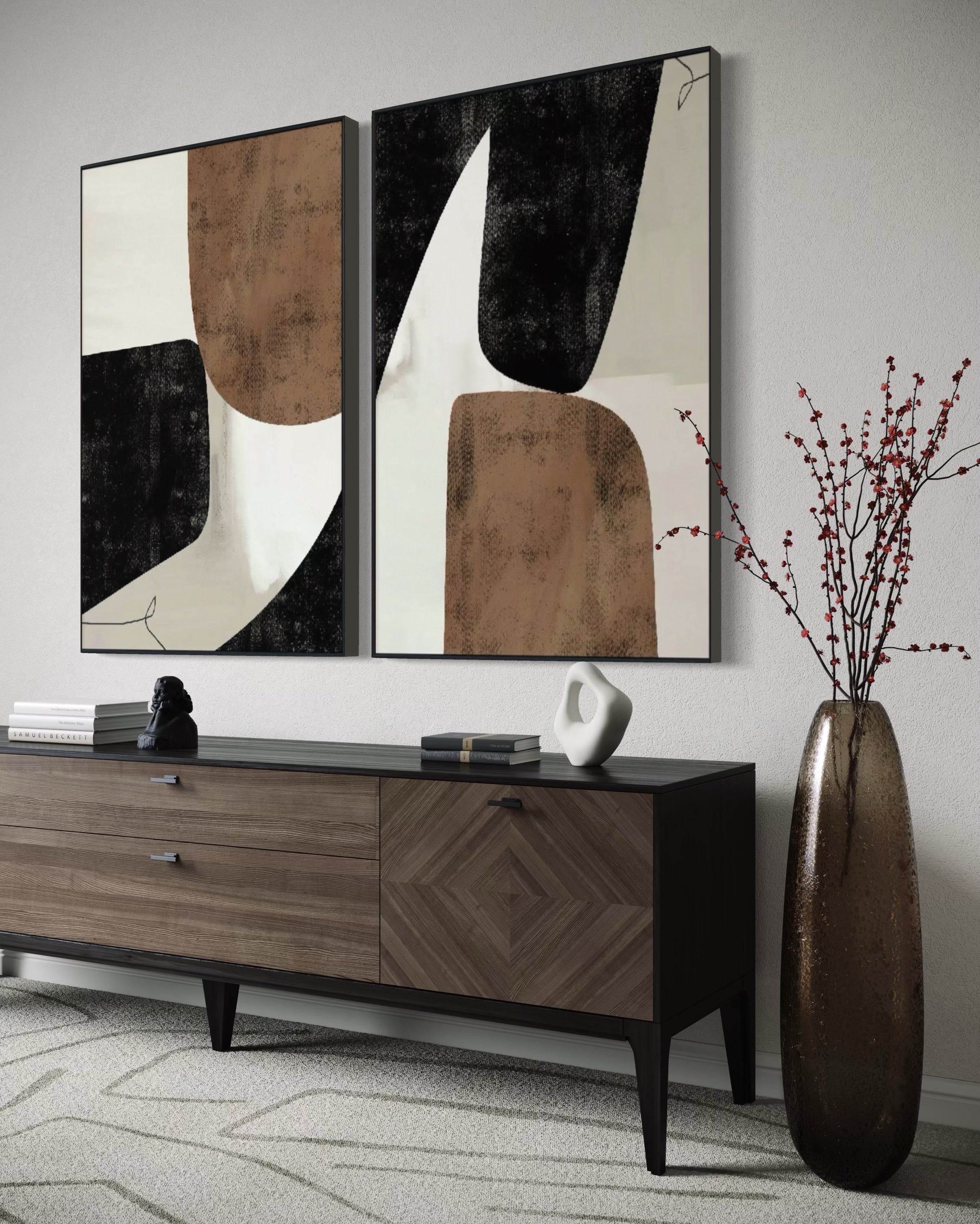 Set Cuadros Decorativos Abstracto Negro Arena 2 - 208 - Diptico Moderno y Elegante Estilo Nordico Boho en Tonos Neutros