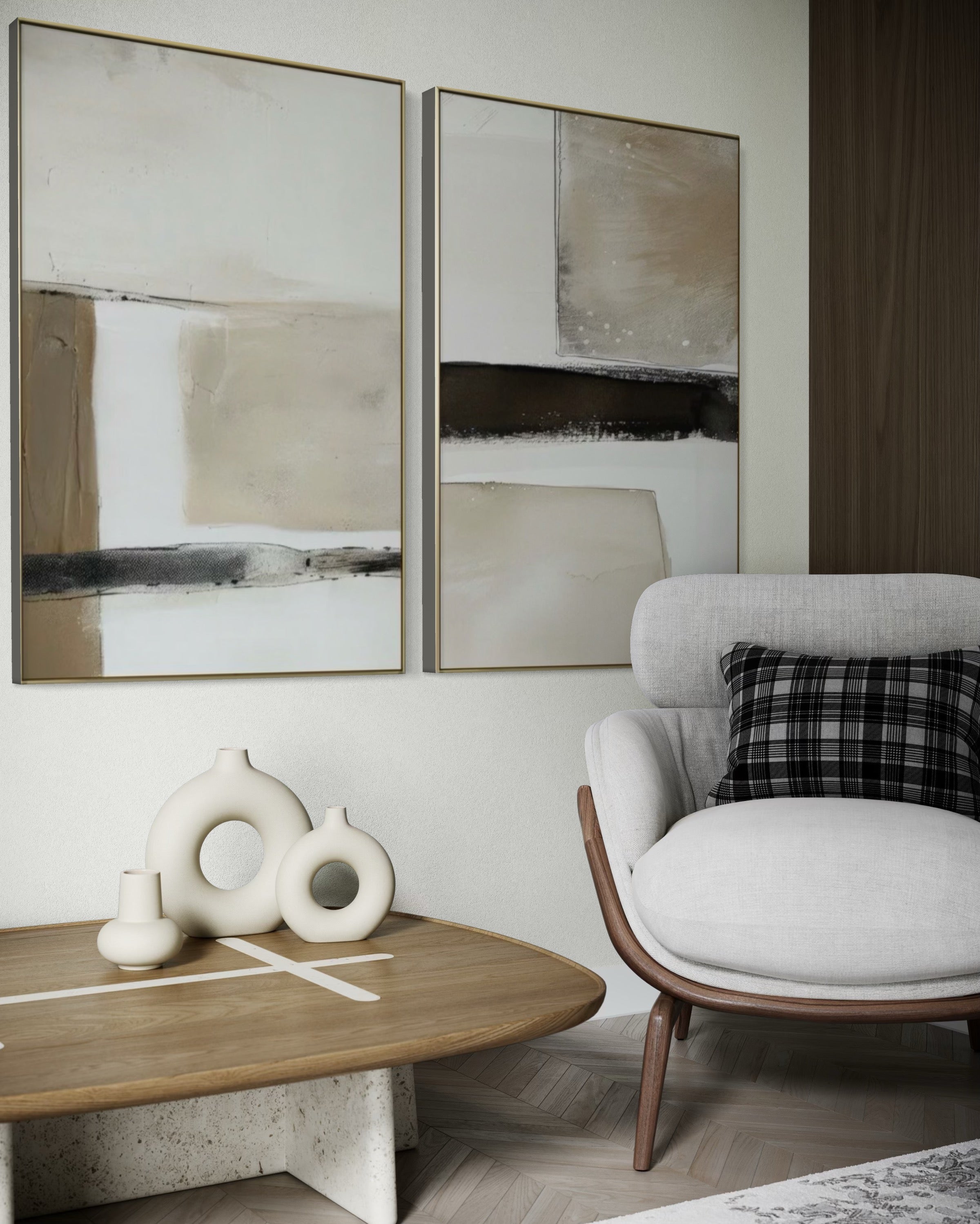 Set Cuadros Decorativos Abstracto Negro Arena 2 - 239 - Diptico Moderno y Minimalista en Negro, Beige y Cafe Tonos Neutros