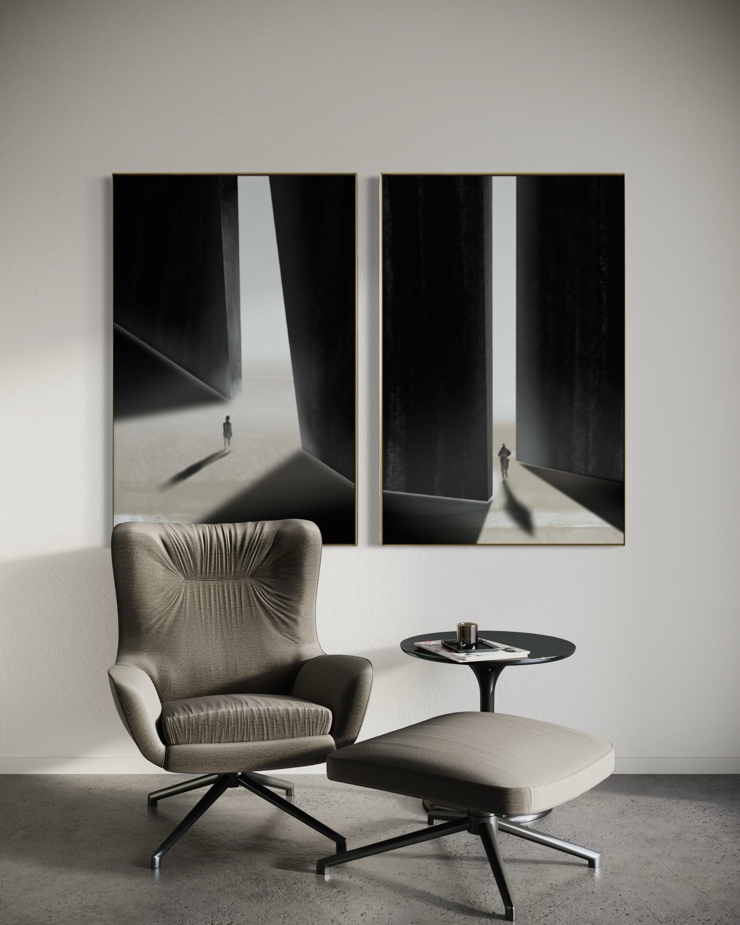 Set Cuadros Decorativos Abstracto Negro Arena 2 - 237 - Diptico Siluetas Humanas Arte Moderno Minimalista Puertas Estilo Nordico Tonos Neutros