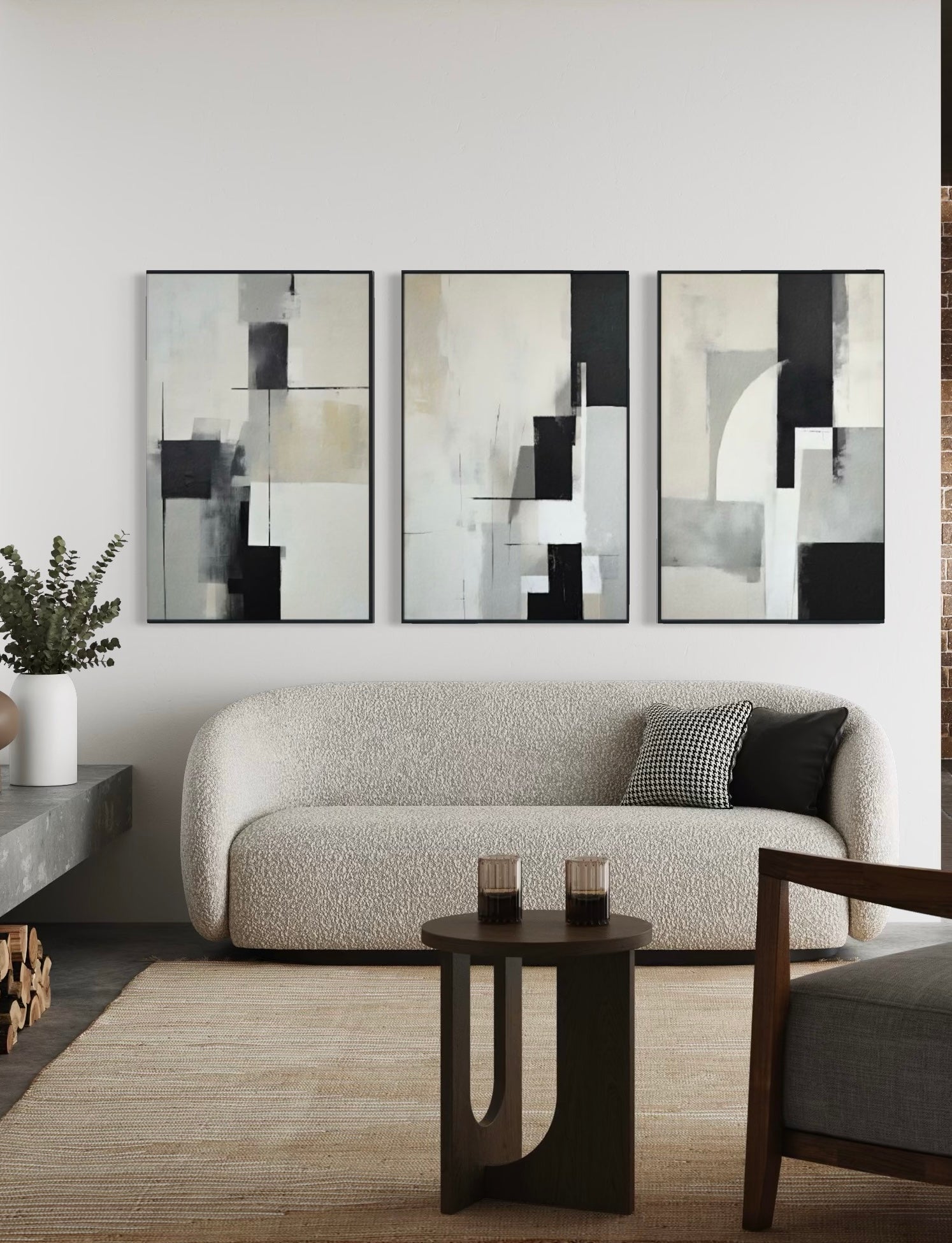 Set Cuadros Decorativos Abstracto Negro Arena 2-227 - Triptico Moderno y Elegante Arte Minimalista Estilo Nordico en Tonos Neutros