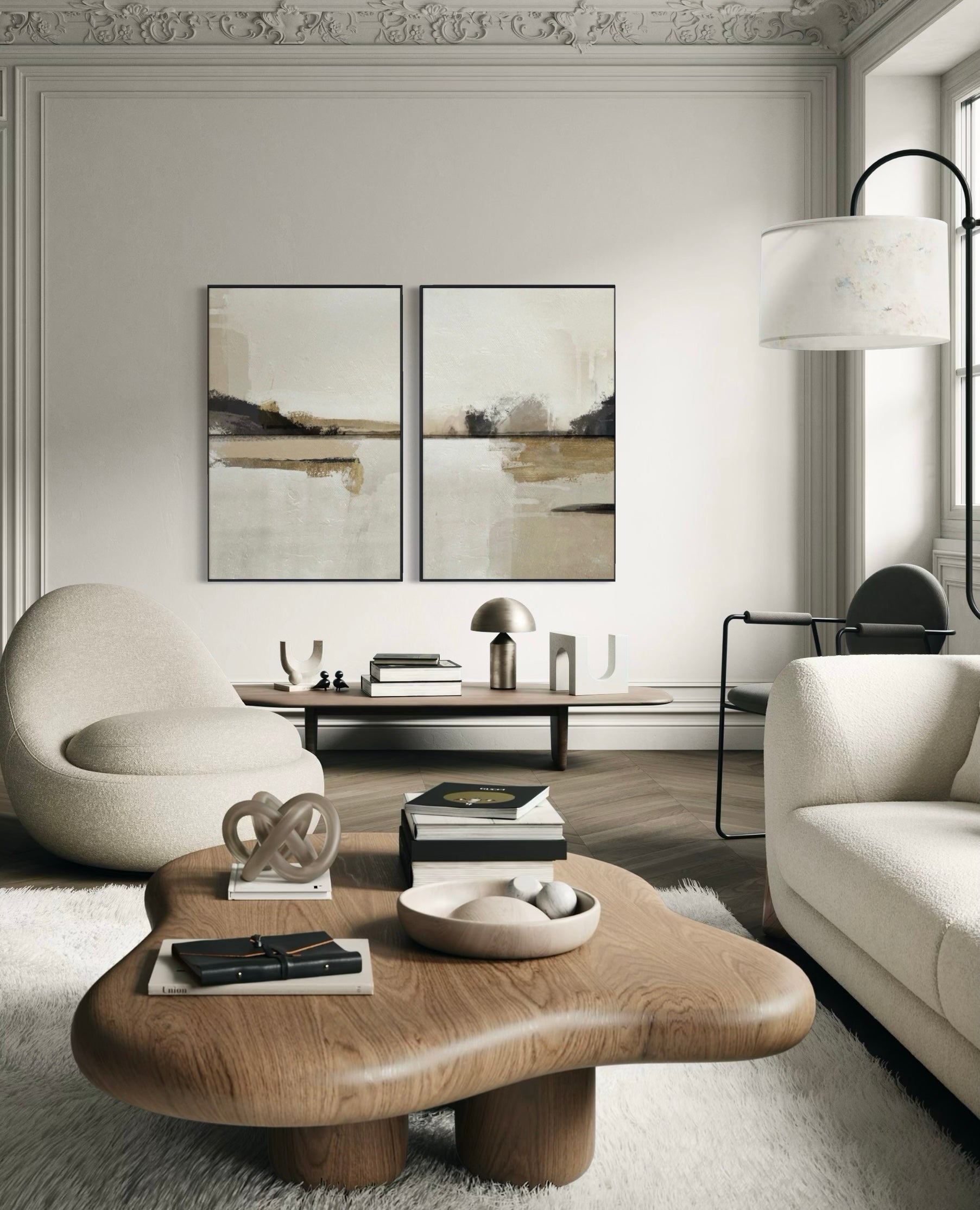 Set Cuadros Decorativos Abstracto Negro Arena 2 - 216 - Diptico Minimalista Arte Moderno y Elegante Tonos Beige y Negro