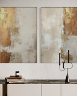 Cargar imagen en el visor de la galería, Set Cuadros Decorativos Abstracto Negro Arena 2 - 282 - Diptico Moderno y Elegante Arte Estilo Boho en Beige y Dorado Oro
