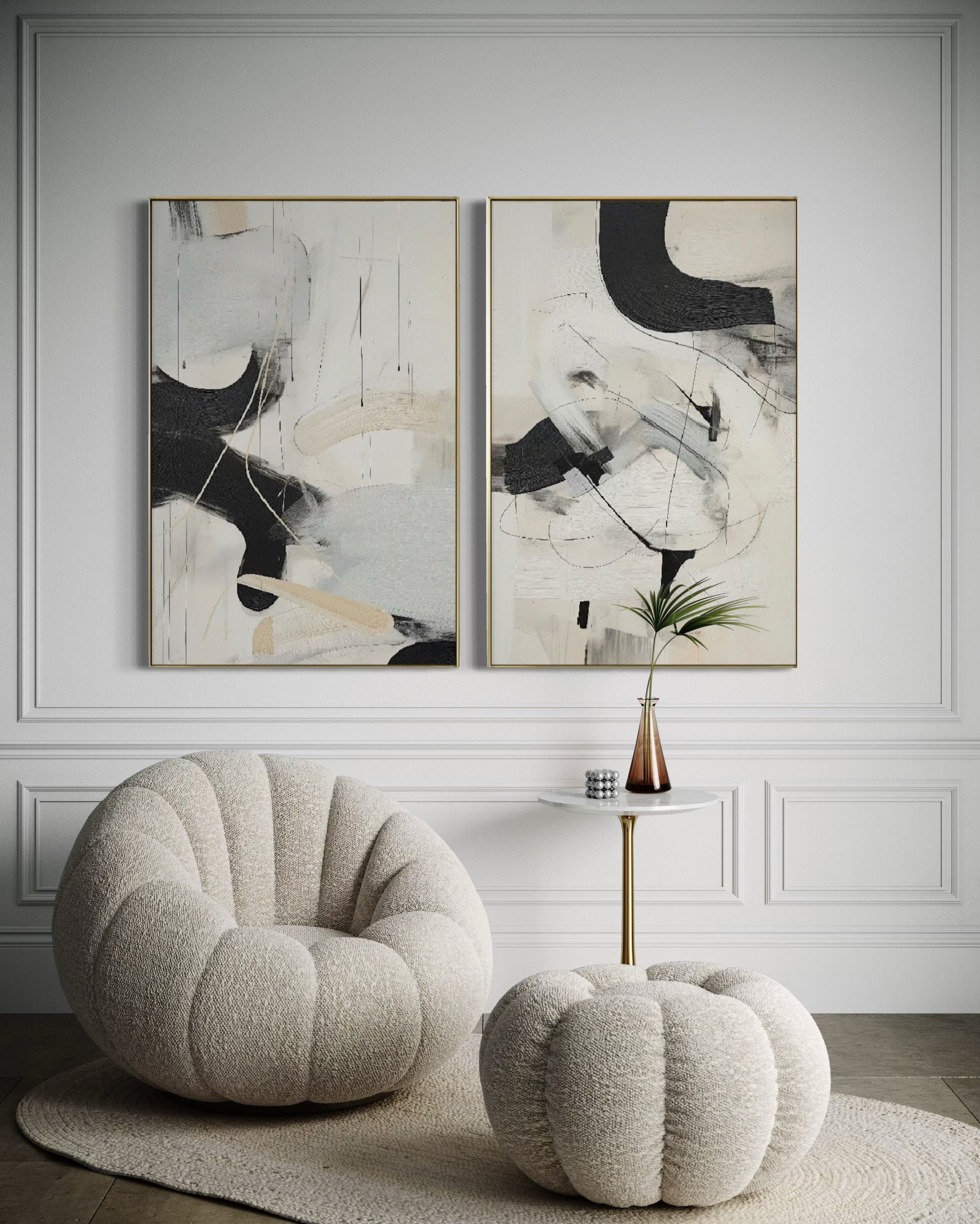 Set Cuadros Decorativos Abstracto Negro Arena 2 - 221 - Diptico Moderno Arte Minimalista Estilo Nordico Tonos Neutros