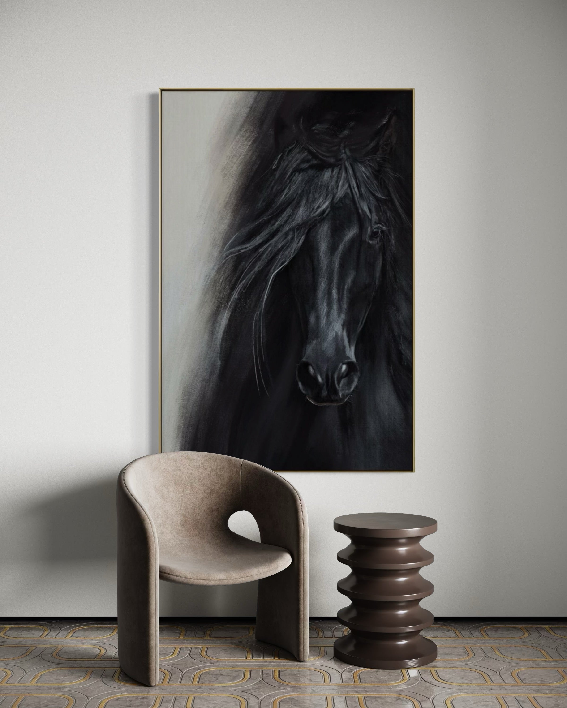 Cuadro Decorativo Abstracto Negro Arena 2-262 - Caballo Negro Arte Moderno Estilo Boho en tonos Neutros