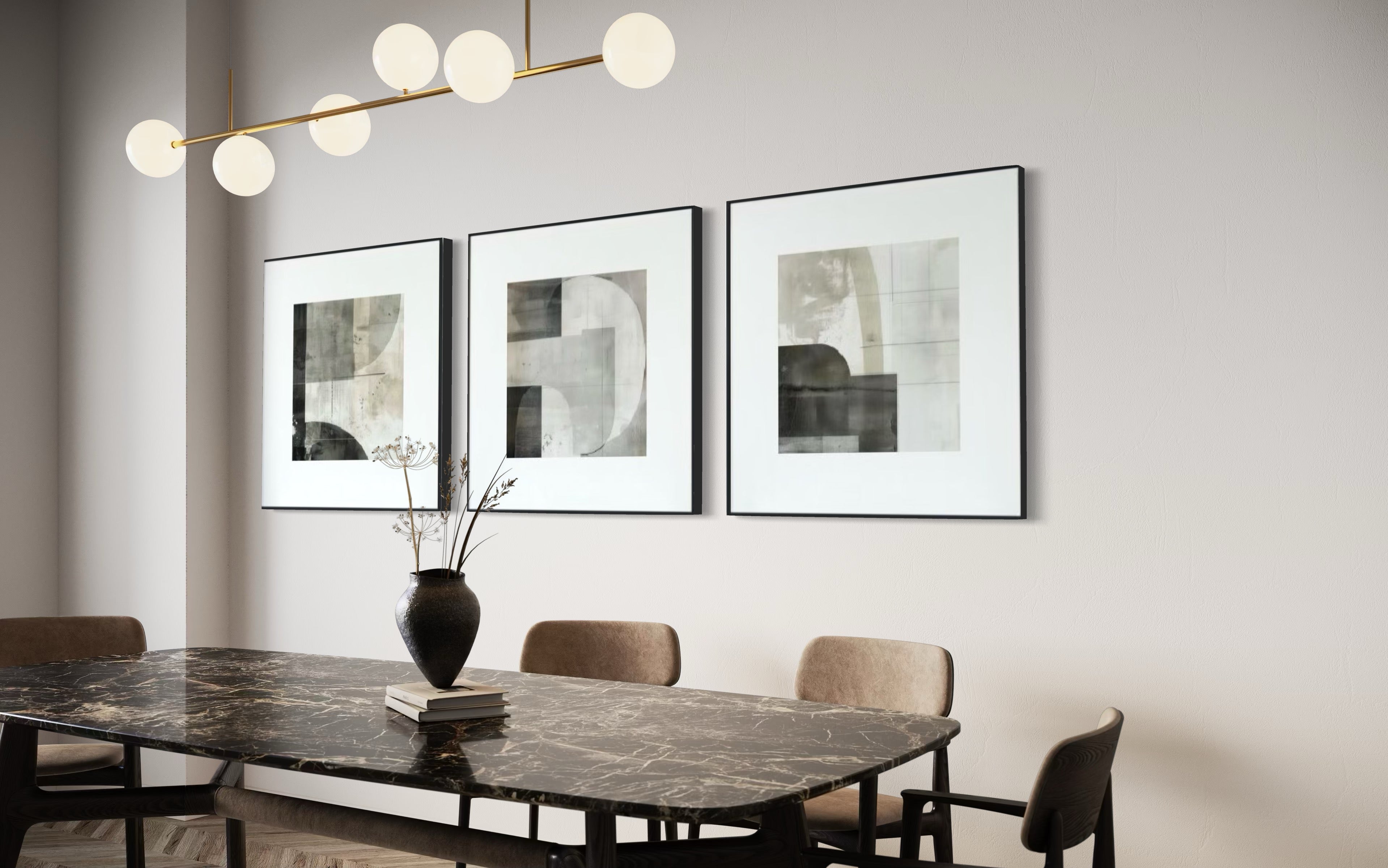 Set Cuadros Decorativos Abstracto Negro Arena  2 - 232 - Triptico Moderno y Elegante Arte Minimalista Estilo Nordico