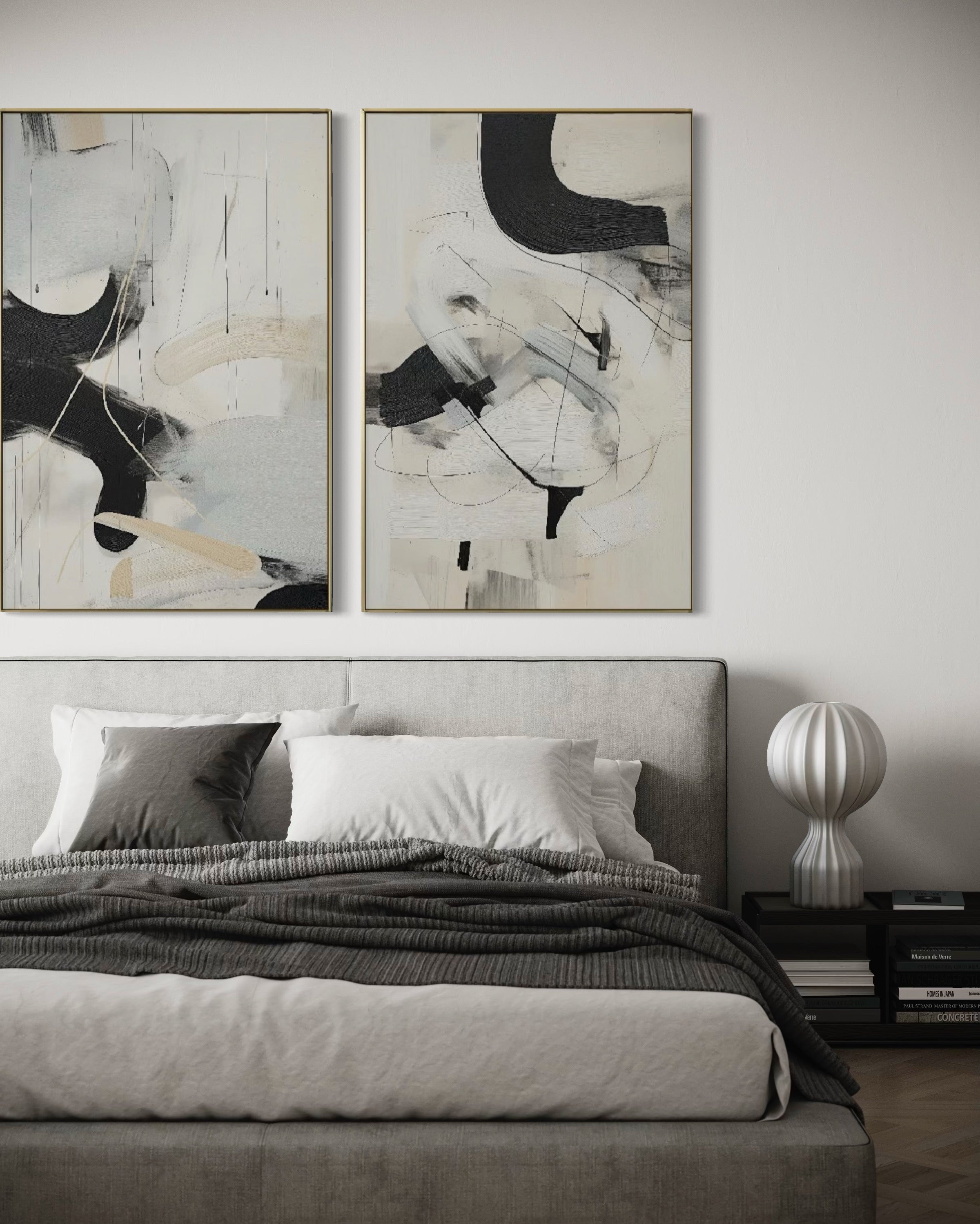 Set Cuadros Decorativos Abstracto Negro Arena 2 - 221 - Diptico Moderno Arte Minimalista Estilo Nordico Tonos Neutros