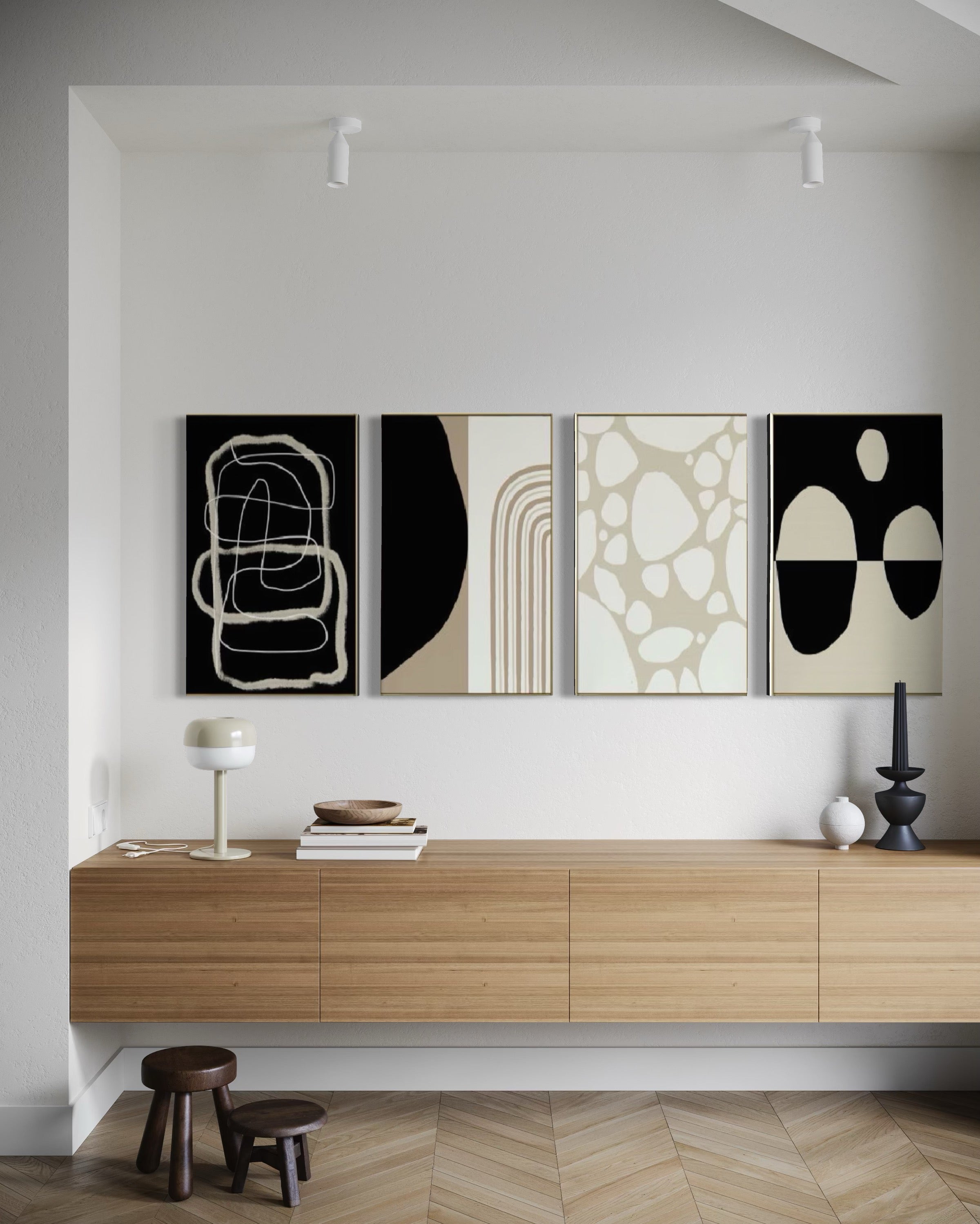 Set Cuadros Decorativos Abstracto Negro Arena 2 - 230 C - 4piezas Arte Moderno y Minimalista Estilo Boho Nordico Tonos Neutros