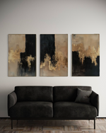 Cargar imagen en el visor de la galería, Set Cuadros Decorativos Abstracto Negro Arena 2-275- Triptico Moderno y Elegante en Negro, Beige y Dorado Oro
