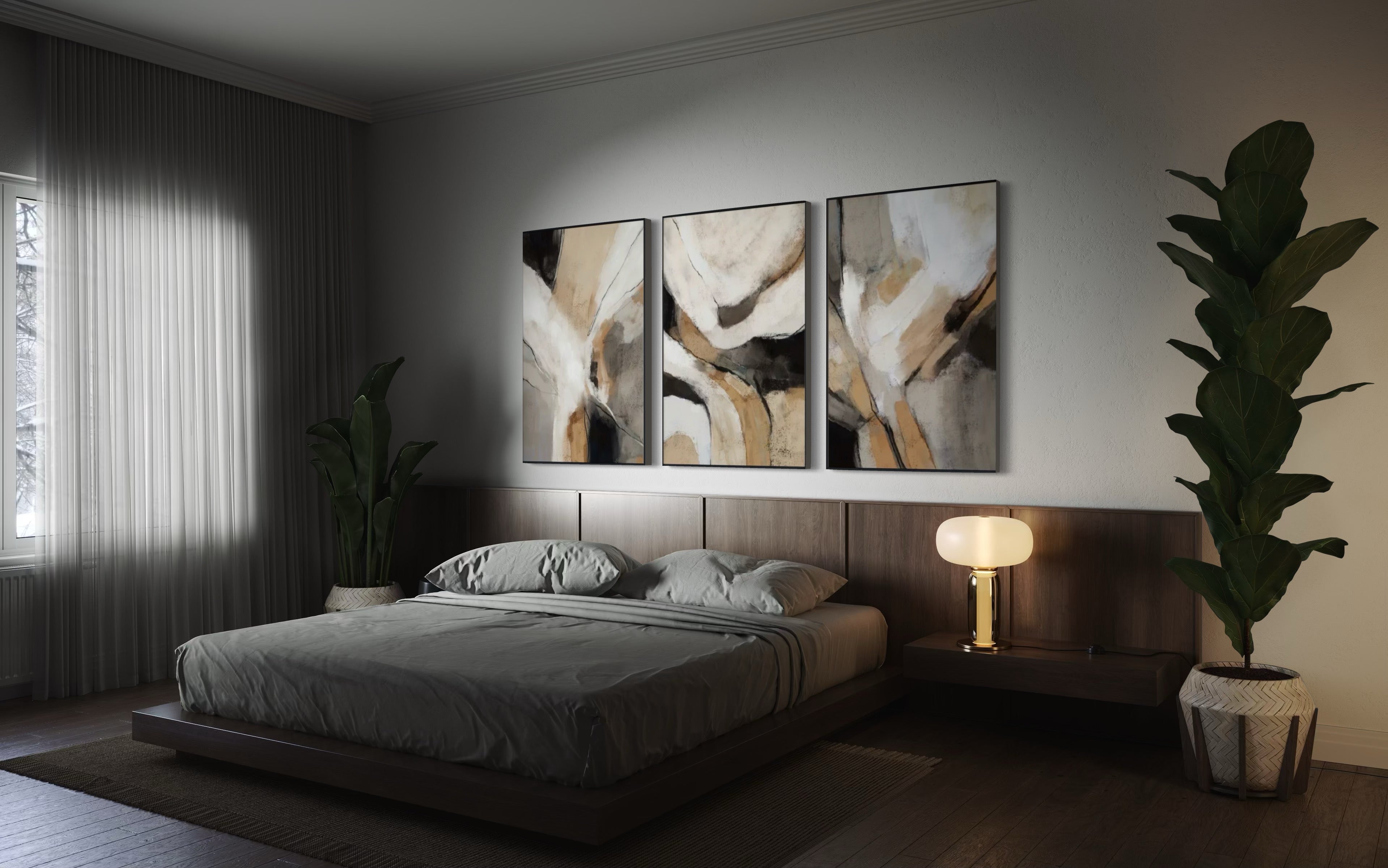 Set Cuadros Decorativos Abstracto Negro Arena 2 - 206 - Triptico Minimalista Arte Moderno y Elegante Estilo Nordico en Tonos Neutros