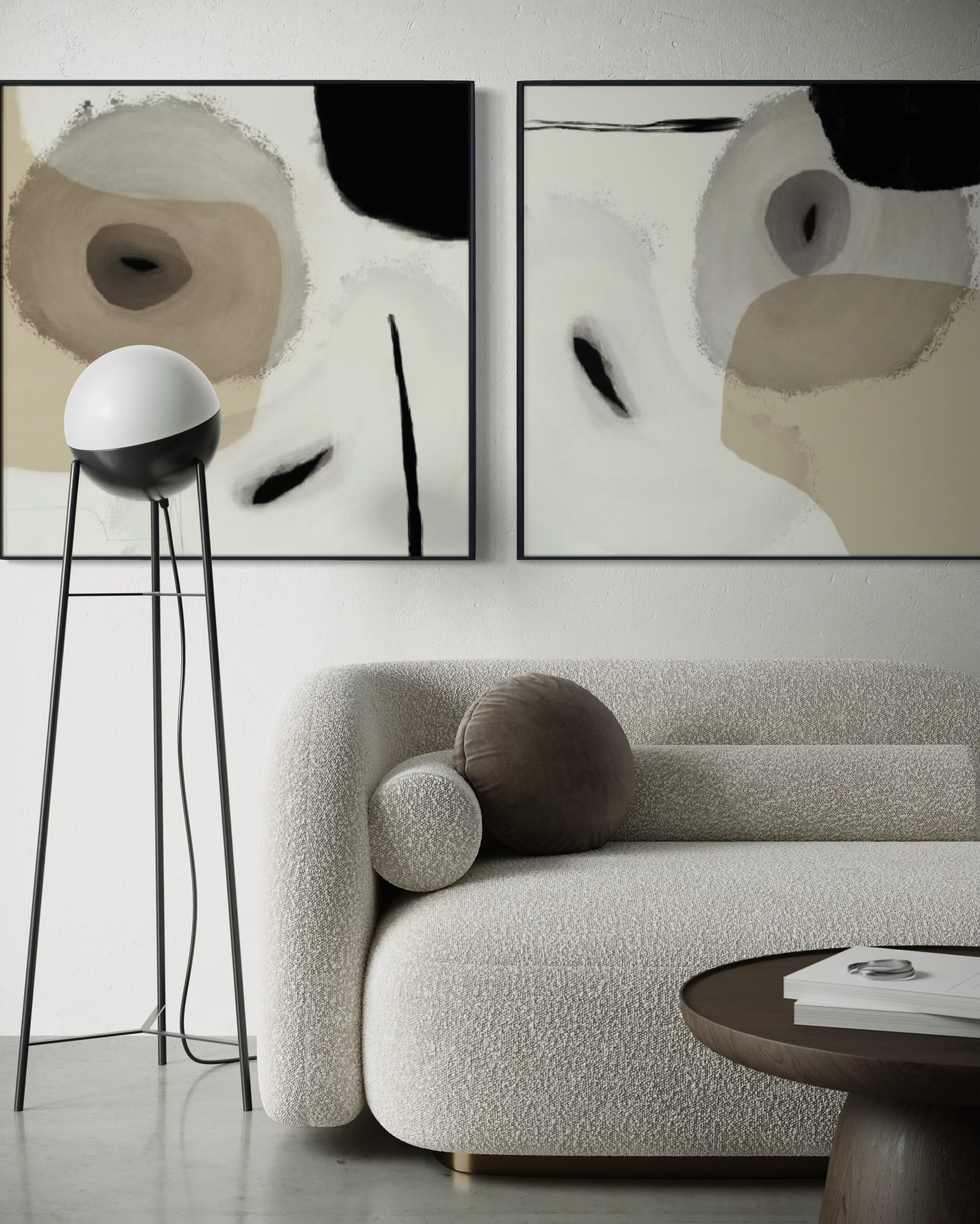 Set Cuadros Decorativos Abstracto Negro Arena 2-234 - Diptico Moderno y Elegante Estilo Nordico en Beige y Negro Tonos Neutros