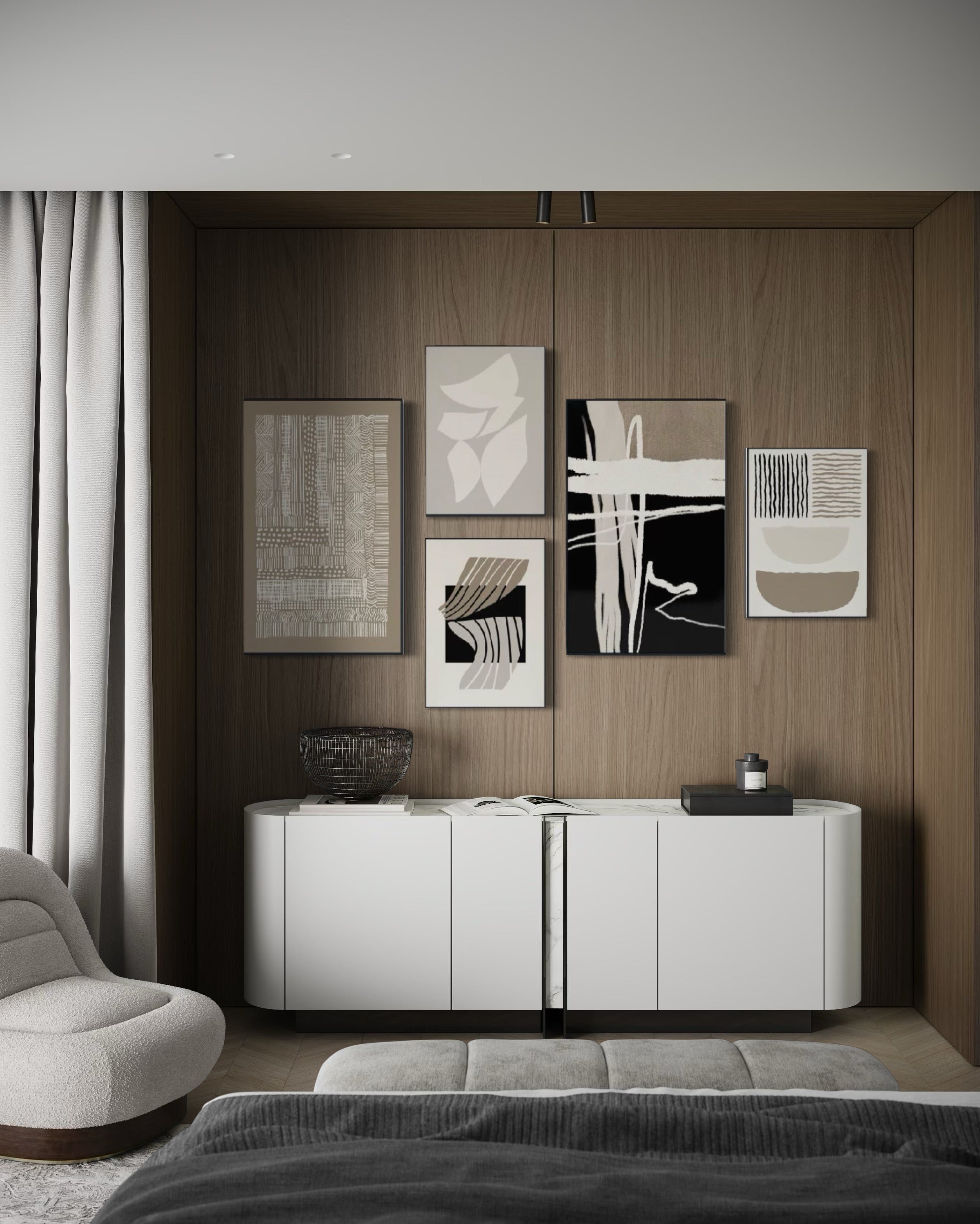 Set Cuadros Decorativos Abstracto Negro Arena 2 - 218A - 5piezas Minimalistas Arte Moderno Estilo Nordico en Tonos Neutros