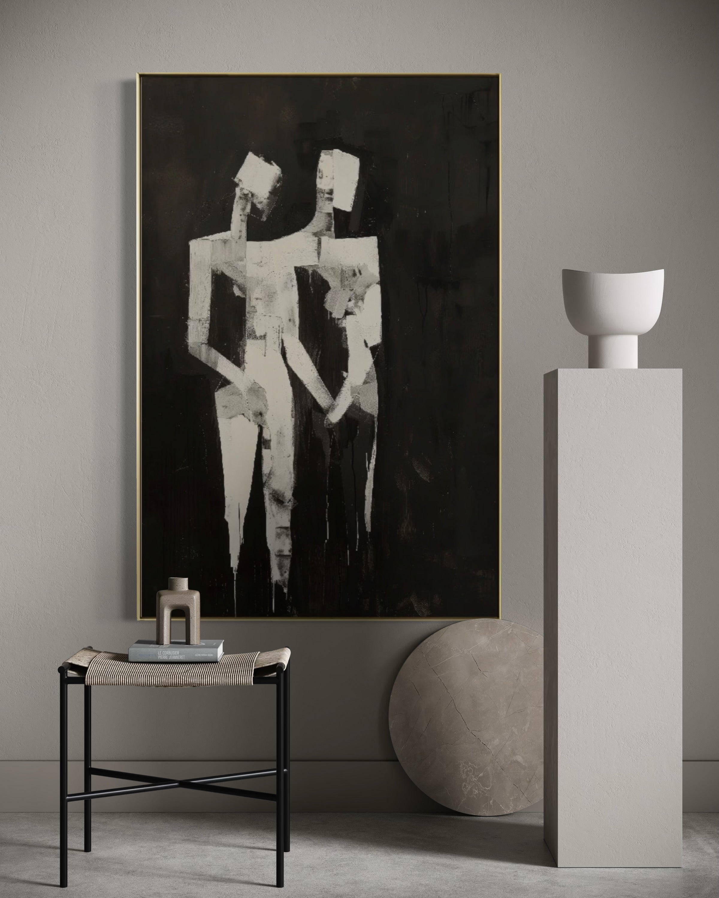 Cuadro Decorativo Abstracto Negro Arena 2-224 Siluetas de Pareja Arte Moderno y Minimalista en Beige y Negro Tonos Neutros