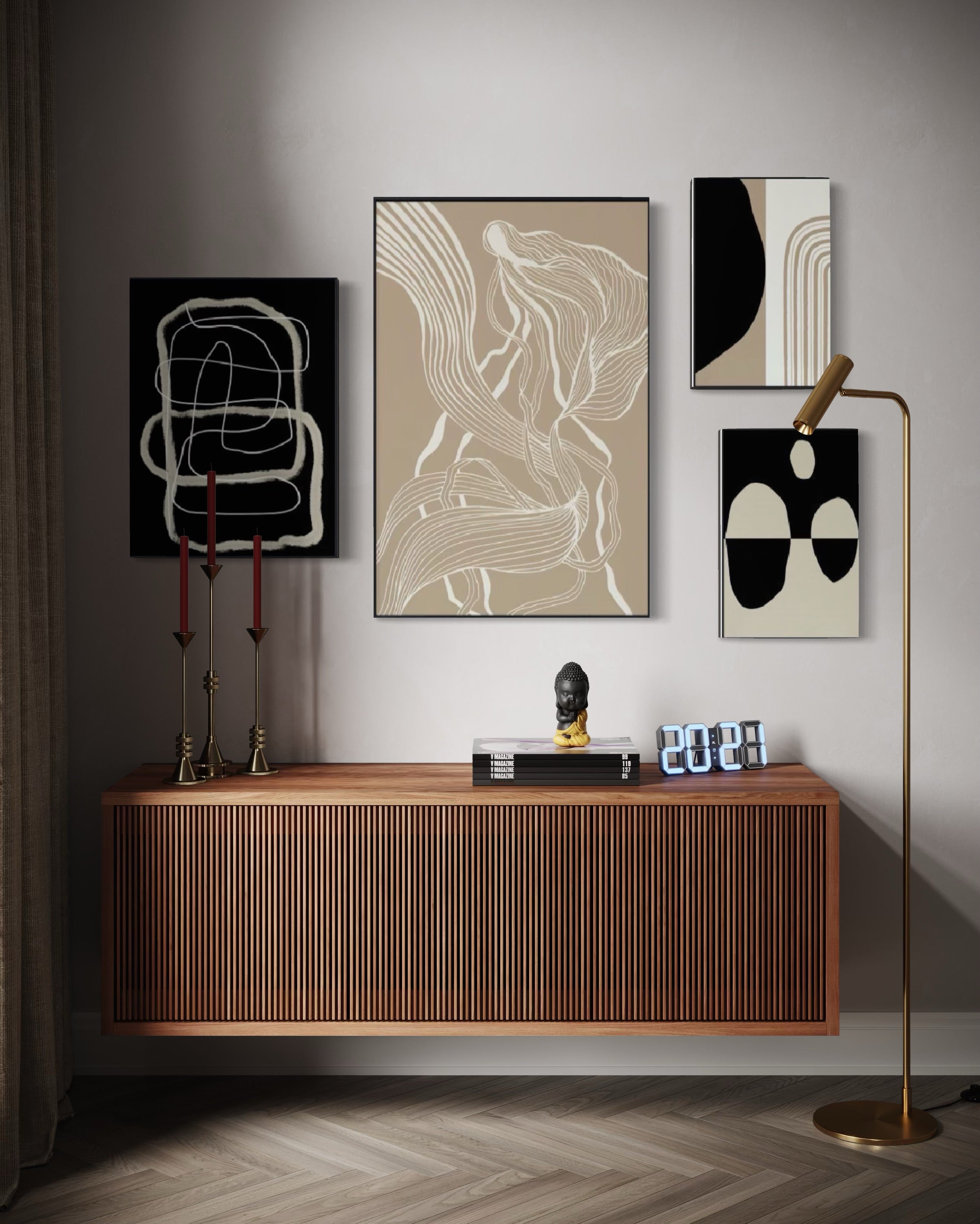 Set Cuadros Decorativos Abstracto Negro Arena 2 - 230 B - 4piezas Arte Moderno y Minimalista Estilo Nordico Tonos Neutros